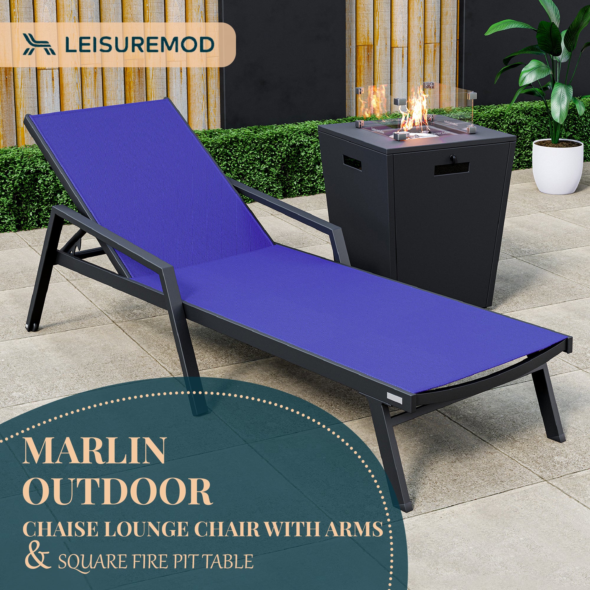 Marlin Modern Black Aluminum Outdoor Patio Chaise Lounge Chair With Arms and Square Fire Pit Side Table Perfect for Patio, Lawn, and Garden