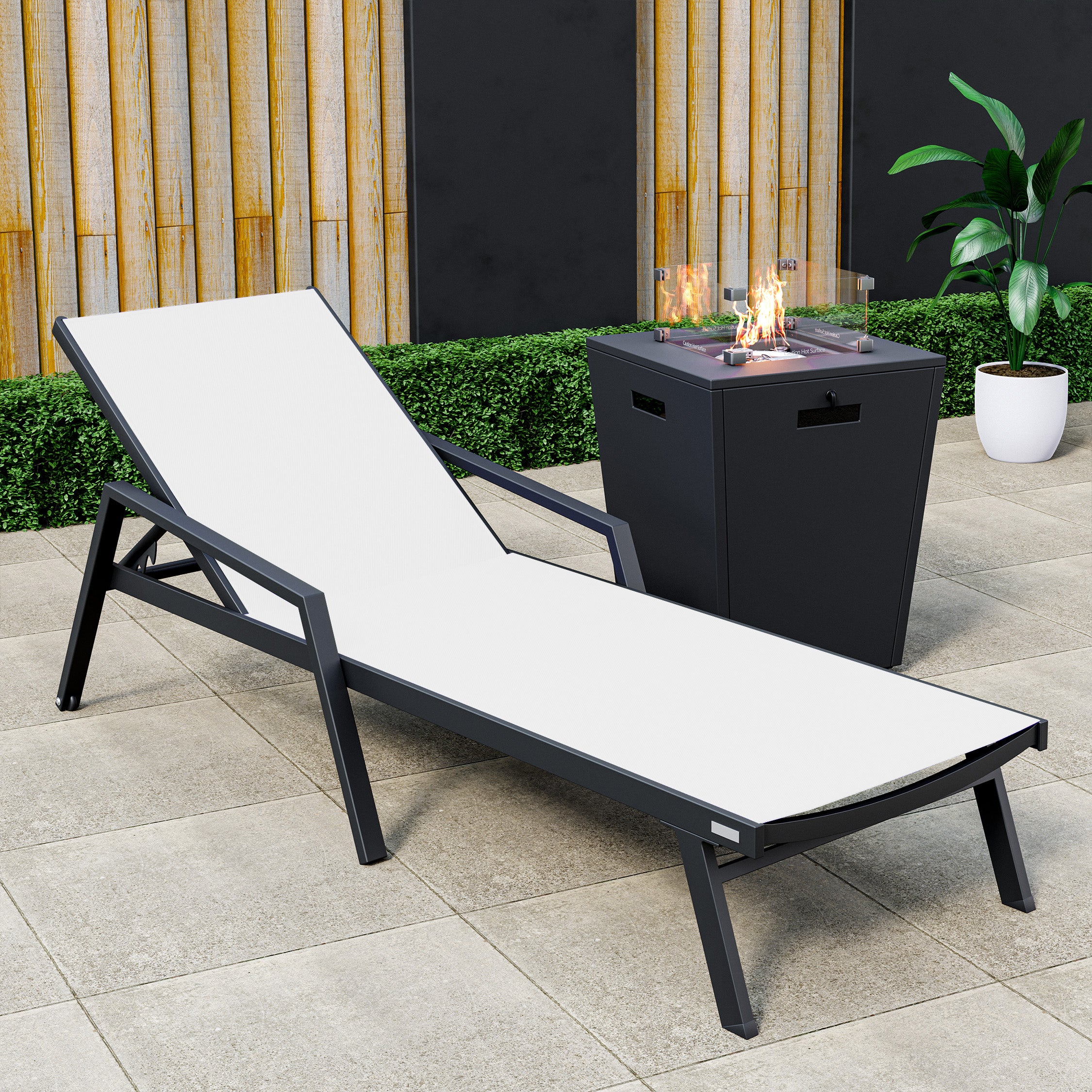 Marlin Modern Black Aluminum Outdoor Patio Chaise Lounge Chair With Arms and Square Fire Pit Side Table Perfect for Patio, Lawn, and Garden