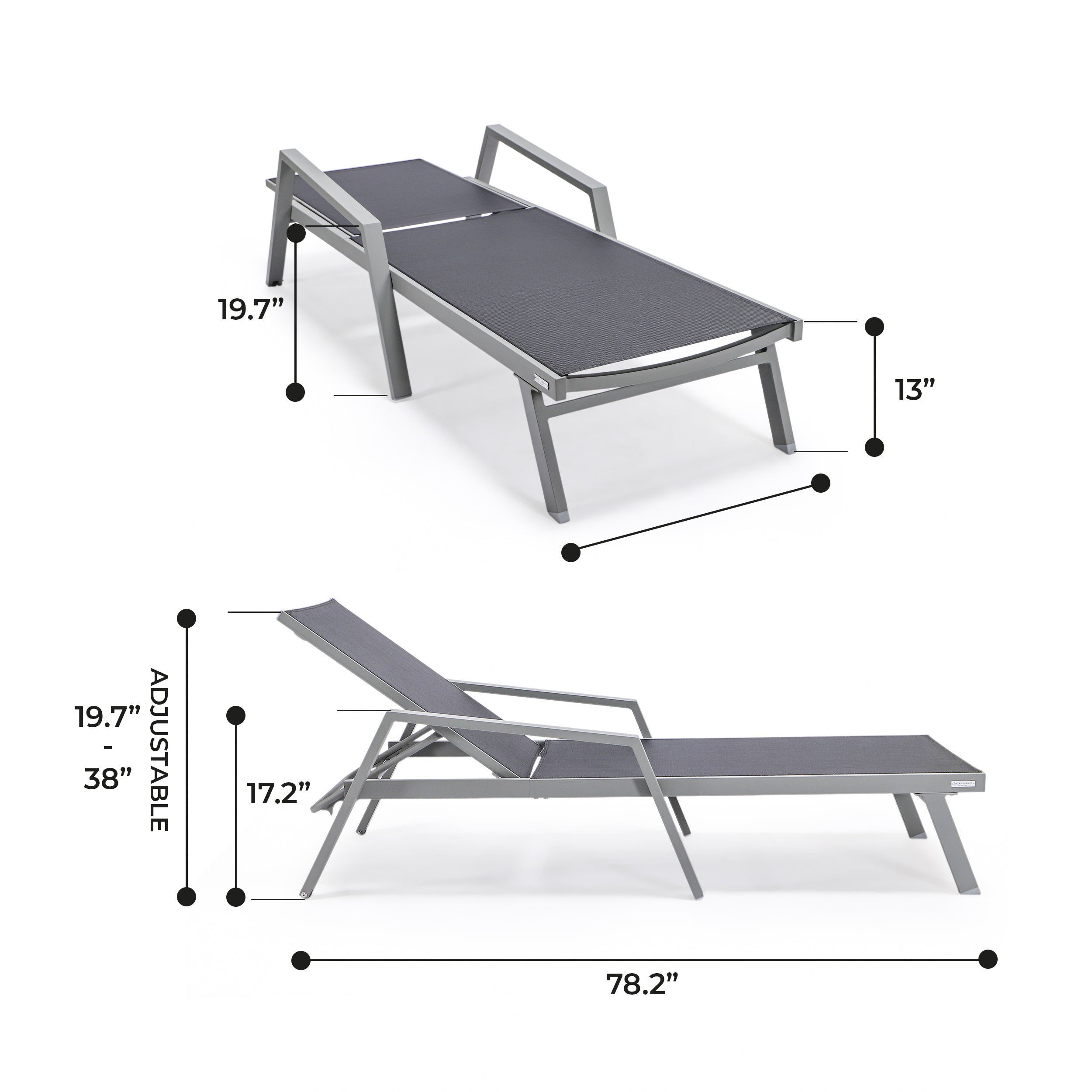 Marlin Patio Chaise Lounge Chair With Armrests in Grey Aluminum Frame