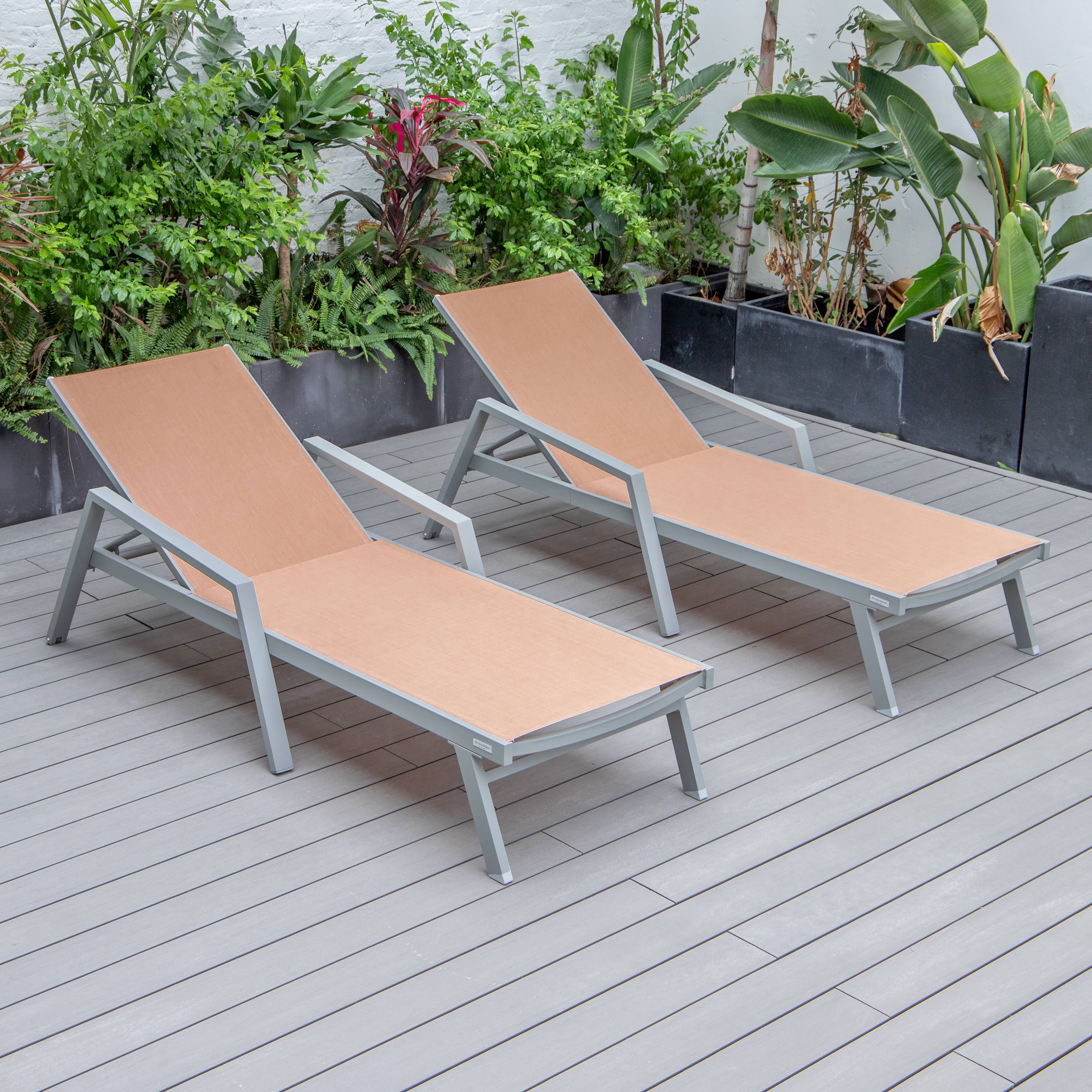 Marlin Patio Chaise Lounge Chair With Armrests in Grey Aluminum Frame, Set of 2 in Light Brown