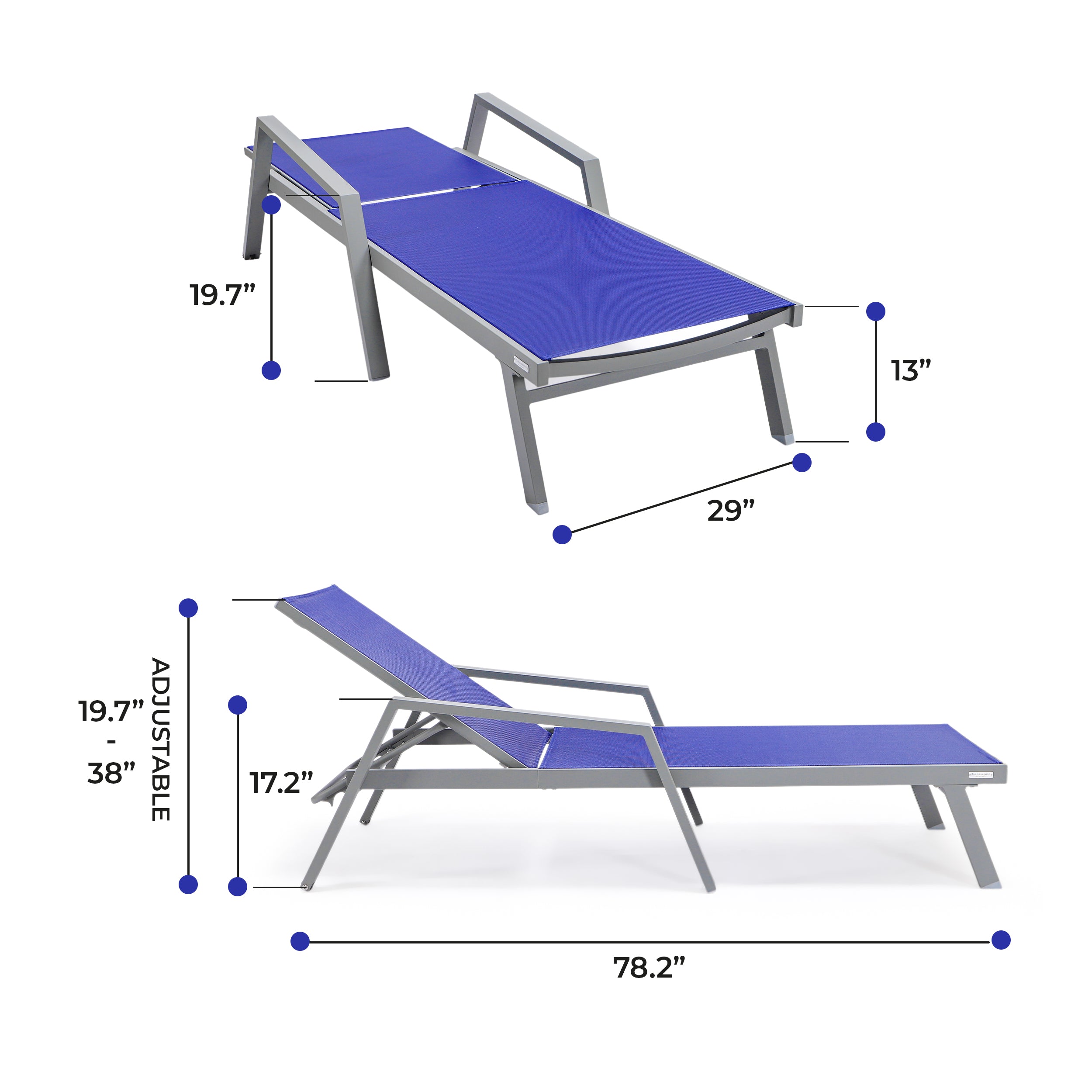 Marlin Patio Chaise Lounge Chair With Armrests in Grey Aluminum Frame