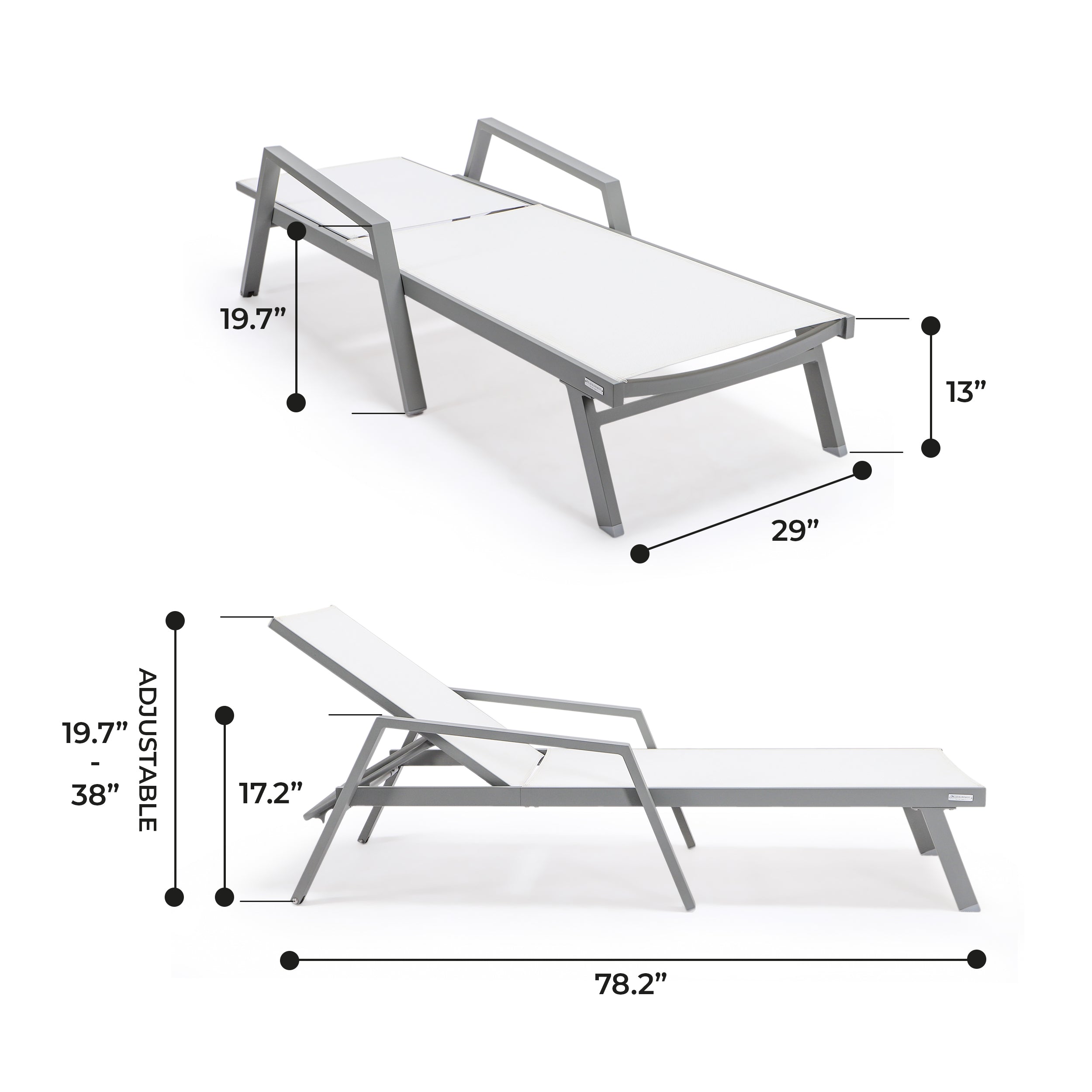 Marlin Patio Chaise Lounge Chair With Armrests in Grey Aluminum Frame