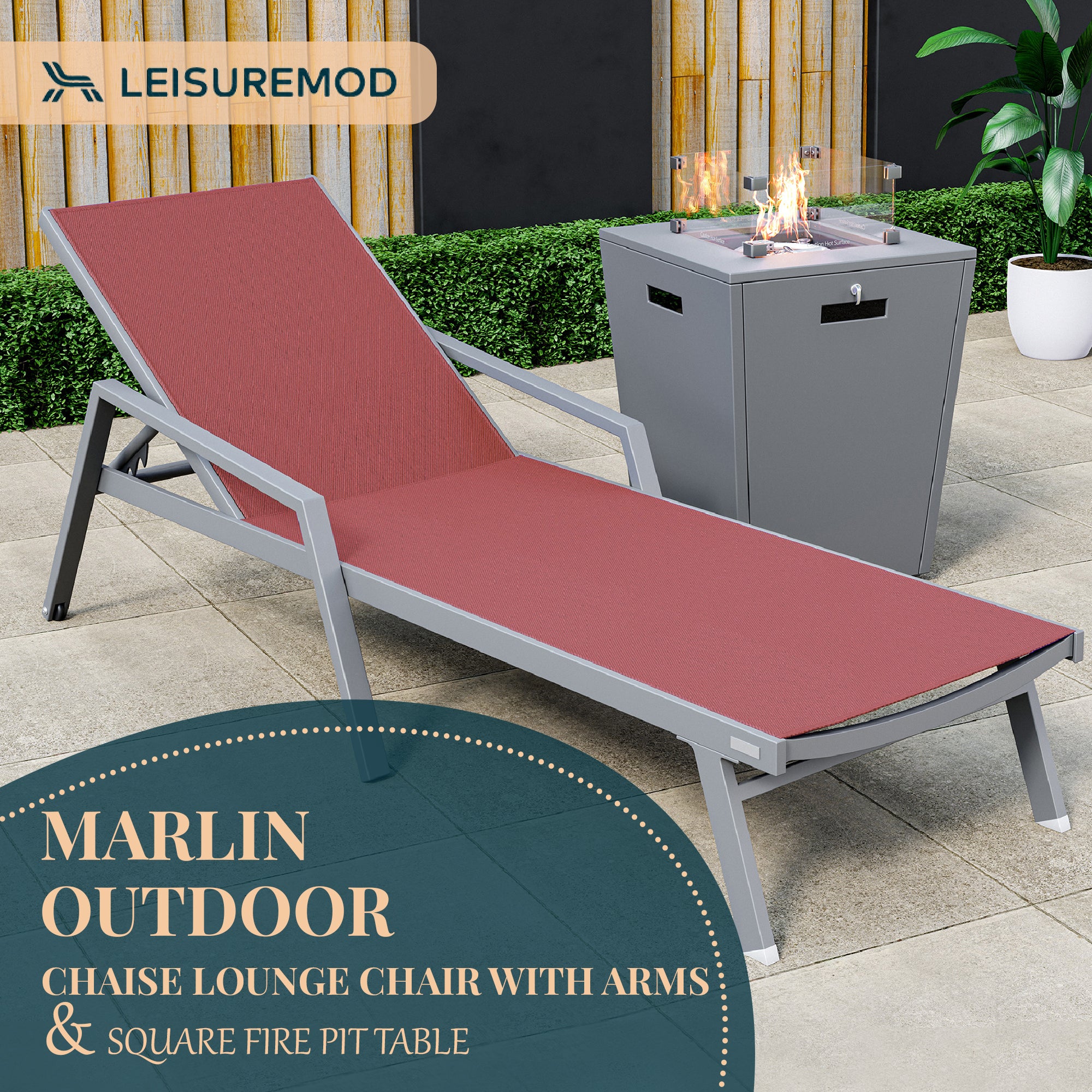 Marlin Modern Grey Aluminum Outdoor Patio Chaise Lounge Chair With Arms and Square Fire Pit Side Table Perfect for Patio, Lawn, and Garden