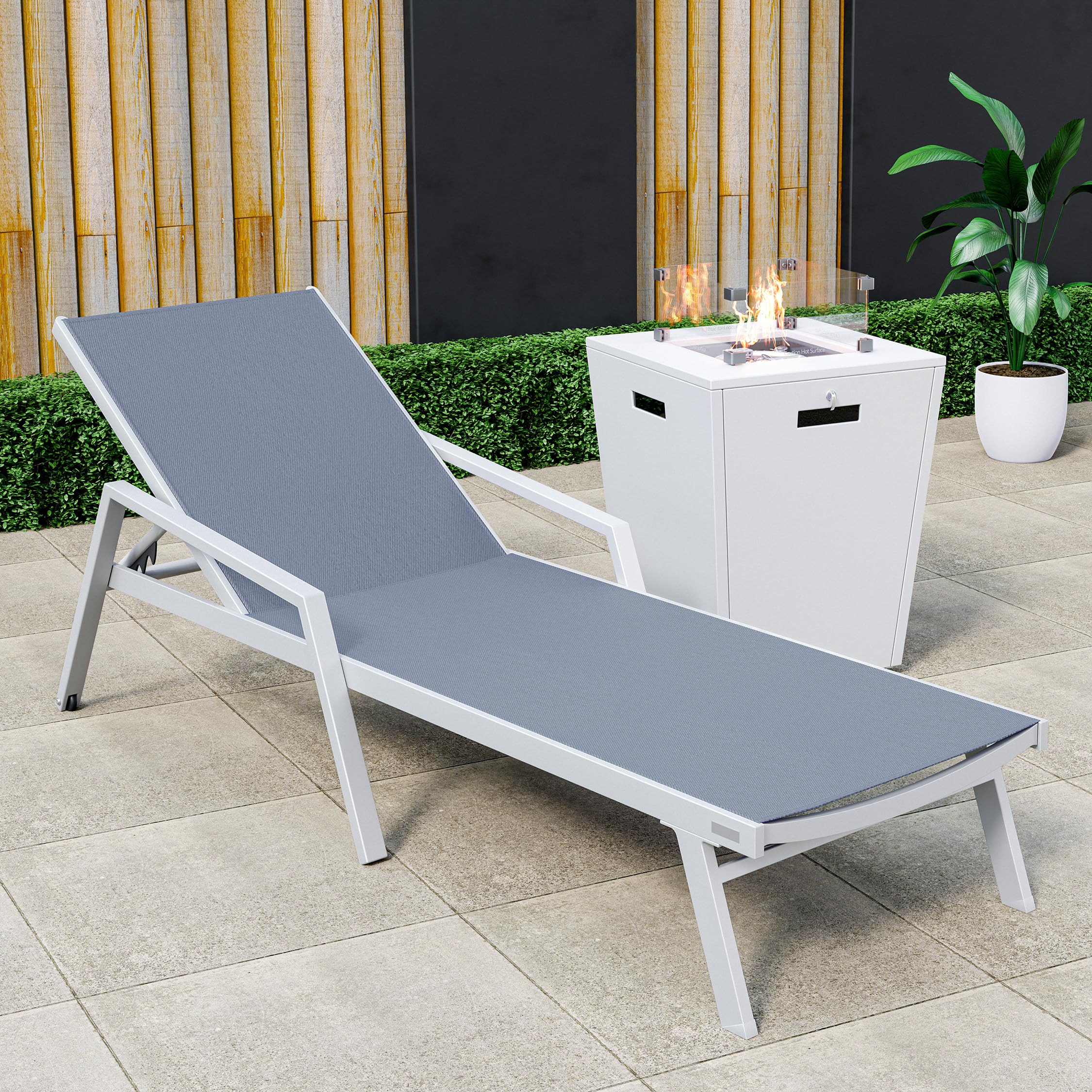 Marlin Modern Grey Aluminum Outdoor Patio Chaise Lounge Chair With Arms and Square Fire Pit Side Table Perfect for Patio, Lawn, and Garden