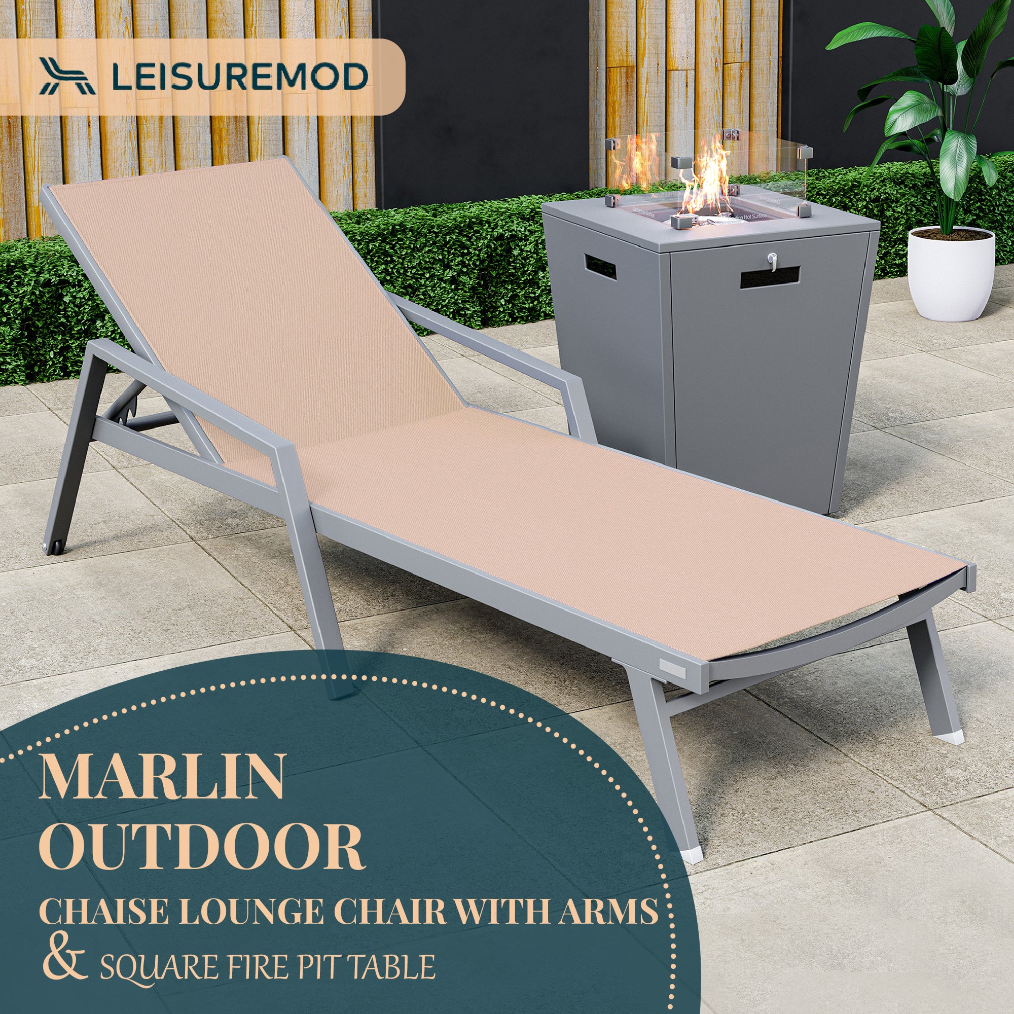 Marlin Modern Grey Aluminum Outdoor Patio Chaise Lounge Chair With Arms and Square Fire Pit Side Table Perfect for Patio, Lawn, and Garden