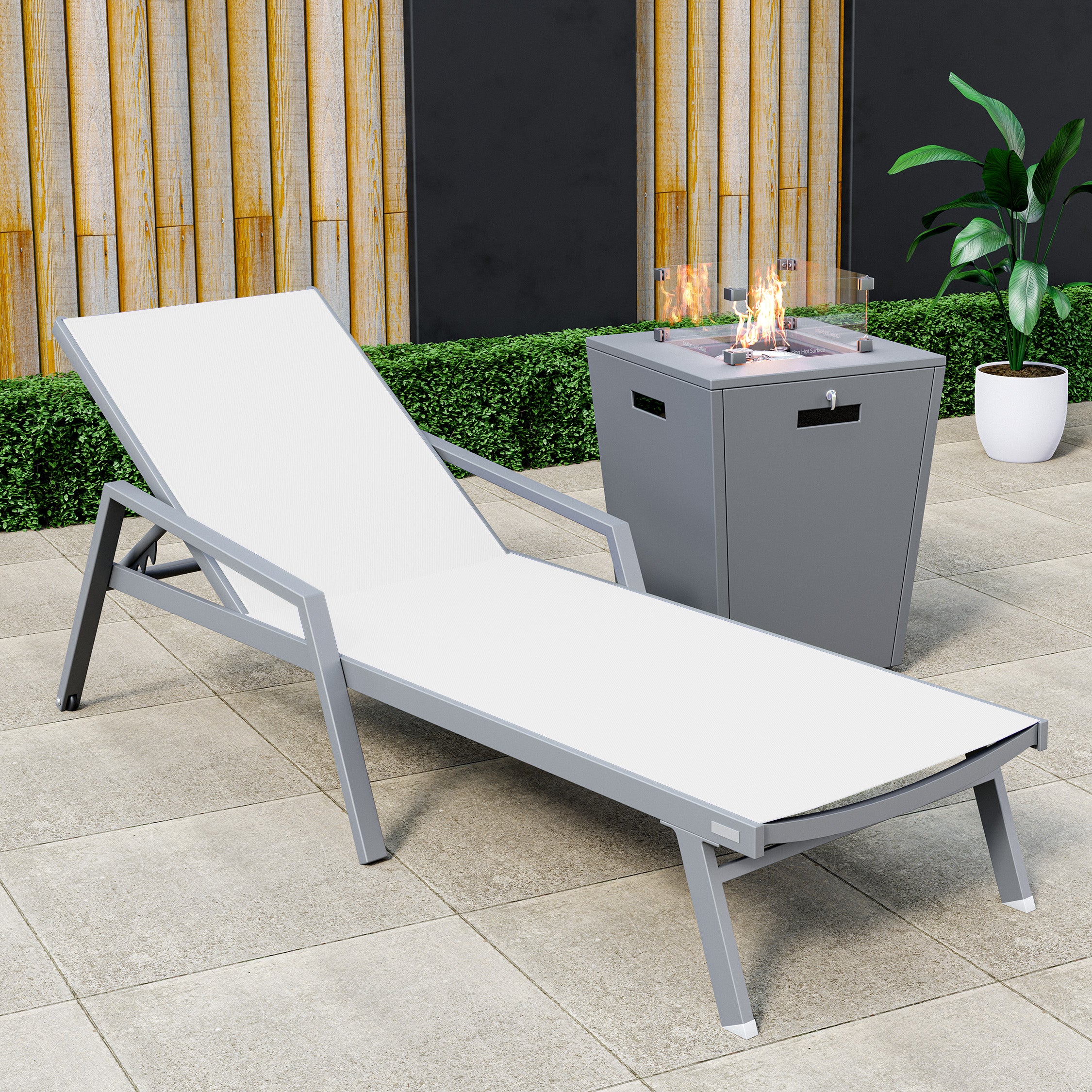 Marlin Modern Grey Aluminum Outdoor Patio Chaise Lounge Chair With Arms and Square Fire Pit Side Table Perfect for Patio, Lawn, and Garden