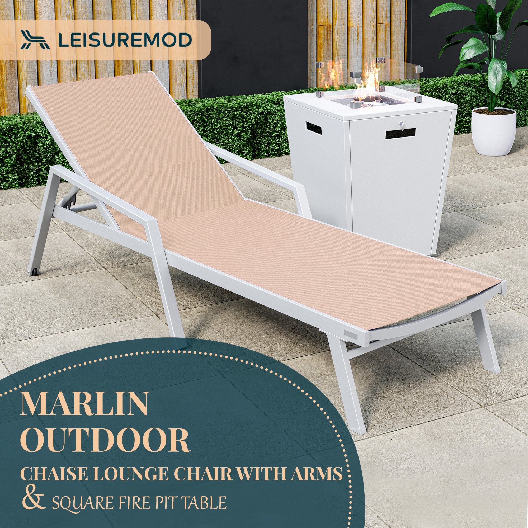 Marlin Modern White Aluminum Outdoor Patio Chaise Lounge Chair With Arms and Square Fire Pit Side Table Perfect for Patio, Lawn, and Garden