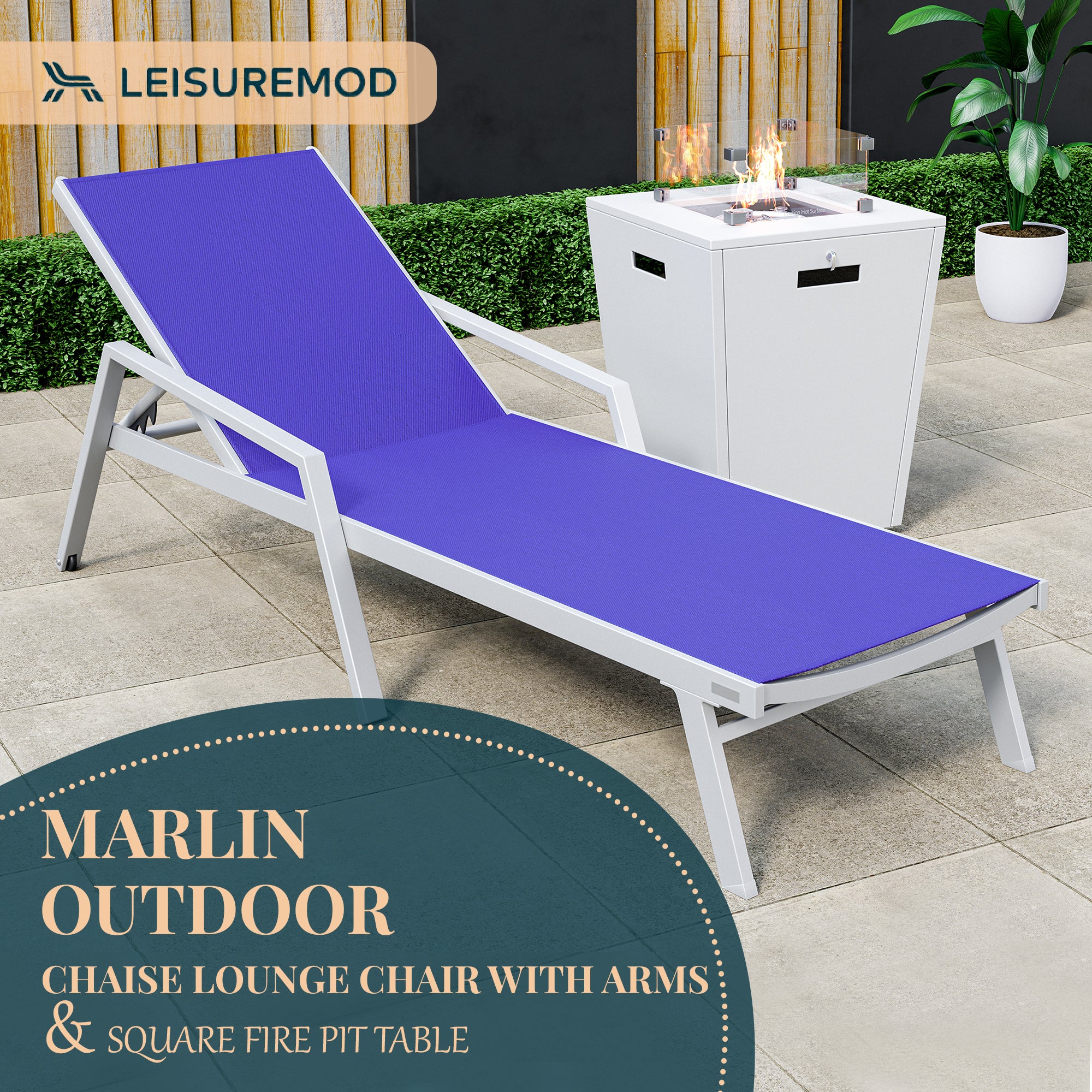 Marlin Modern White Aluminum Outdoor Patio Chaise Lounge Chair With Arms and Square Fire Pit Side Table Perfect for Patio, Lawn, and Garden