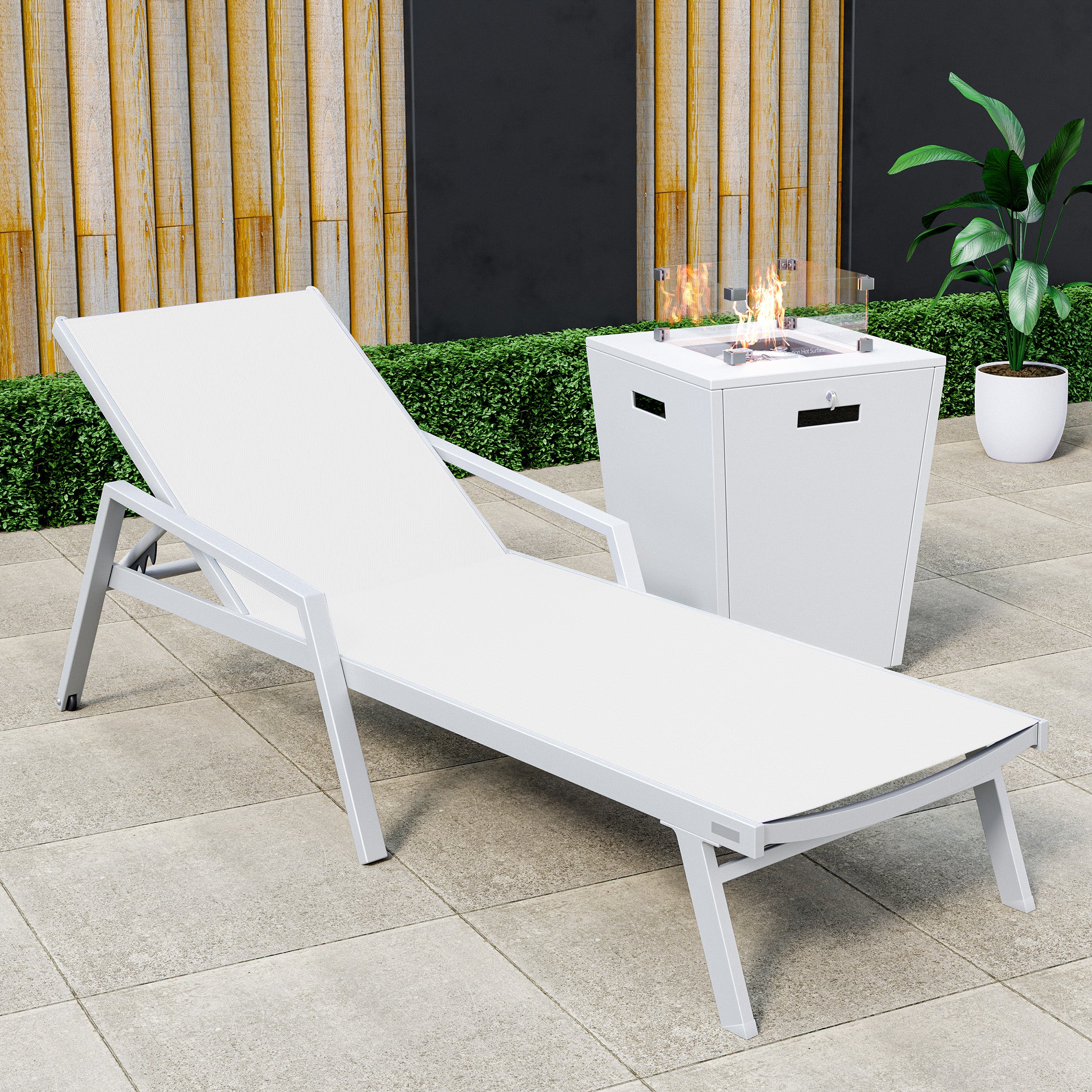 Marlin Modern White Aluminum Outdoor Patio Chaise Lounge Chair With Arms and Square Fire Pit Side Table Perfect for Patio, Lawn, and Garden