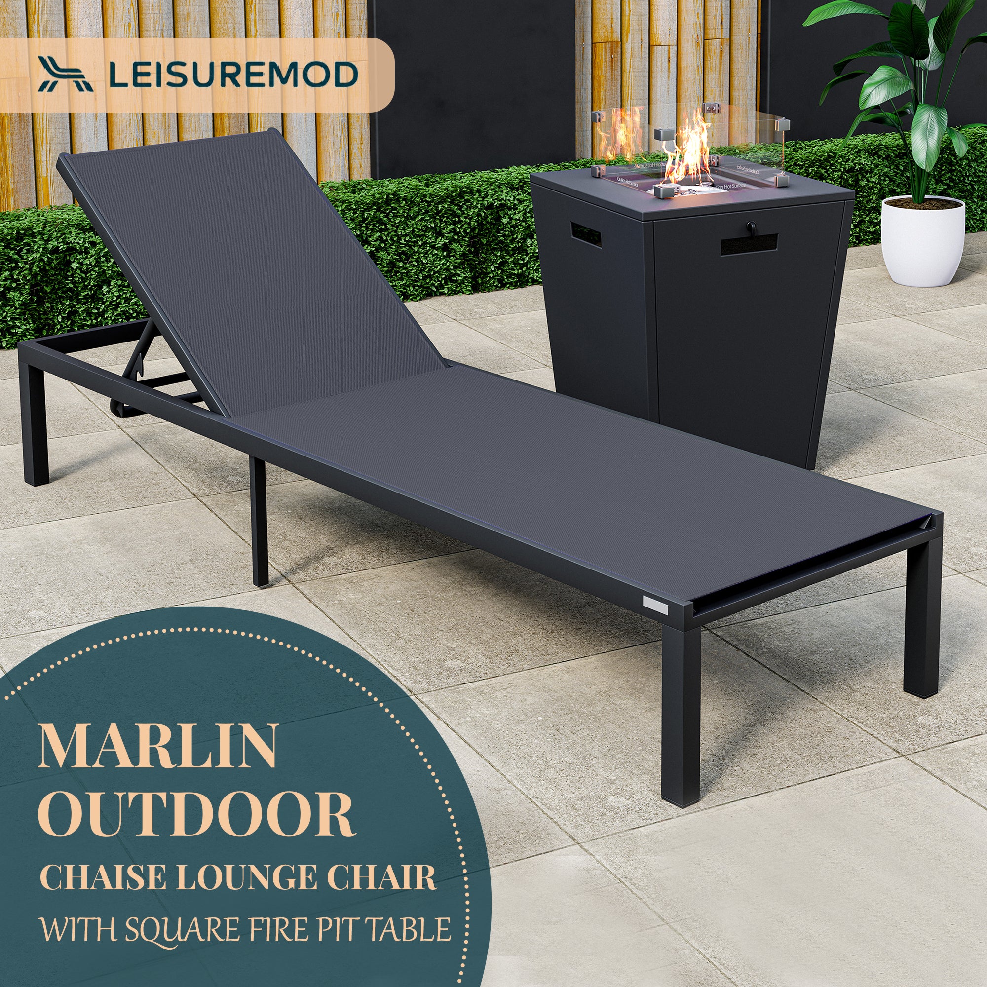 Marlin Modern Black Aluminum Outdoor Patio Chaise Lounge Chair with Square Fire Pit Side Table Perfect for Patio, Lawn, and Garden