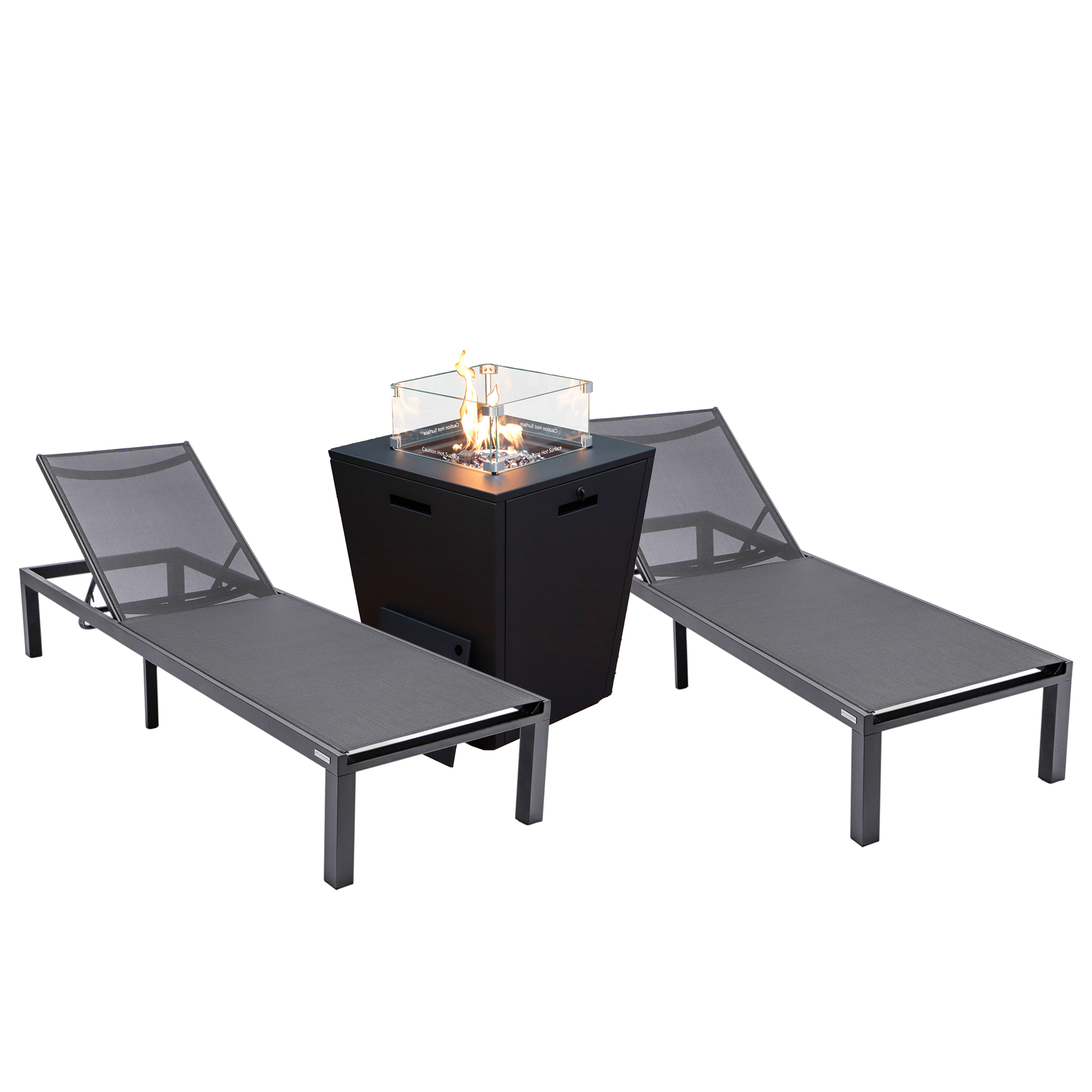 Marlin Modern Aluminum Outdoor Patio Chaise Lounge Chair Set of 2 with Square Fire Pit Side Table Perfect for Patio, Lawn, and Garden