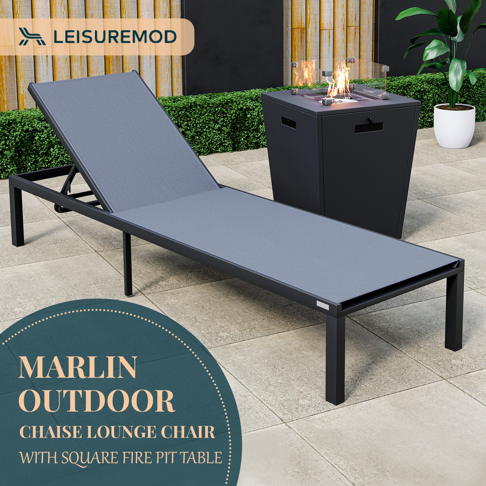 Marlin Modern Black Aluminum Outdoor Patio Chaise Lounge Chair with Square Fire Pit Side Table Perfect for Patio, Lawn, and Garden