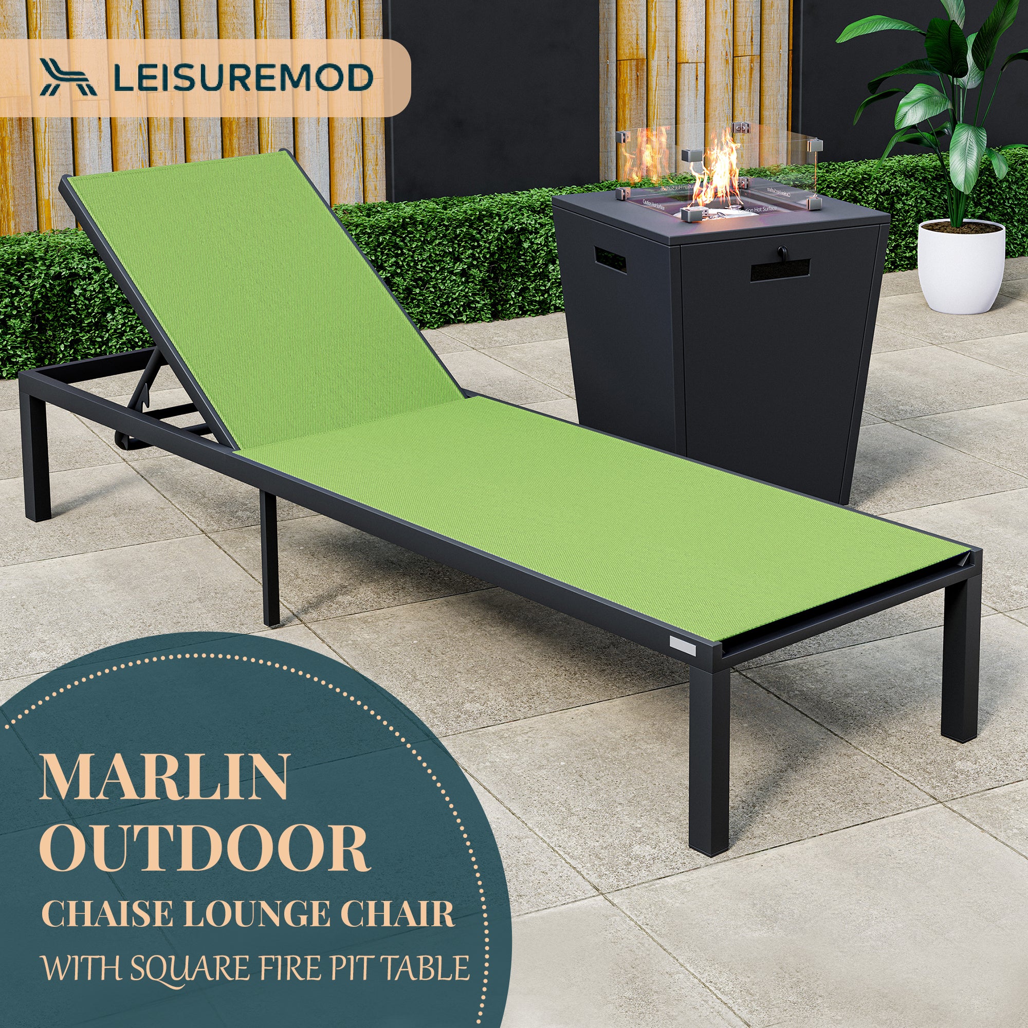 Marlin Modern Black Aluminum Outdoor Patio Chaise Lounge Chair with Square Fire Pit Side Table Perfect for Patio, Lawn, and Garden