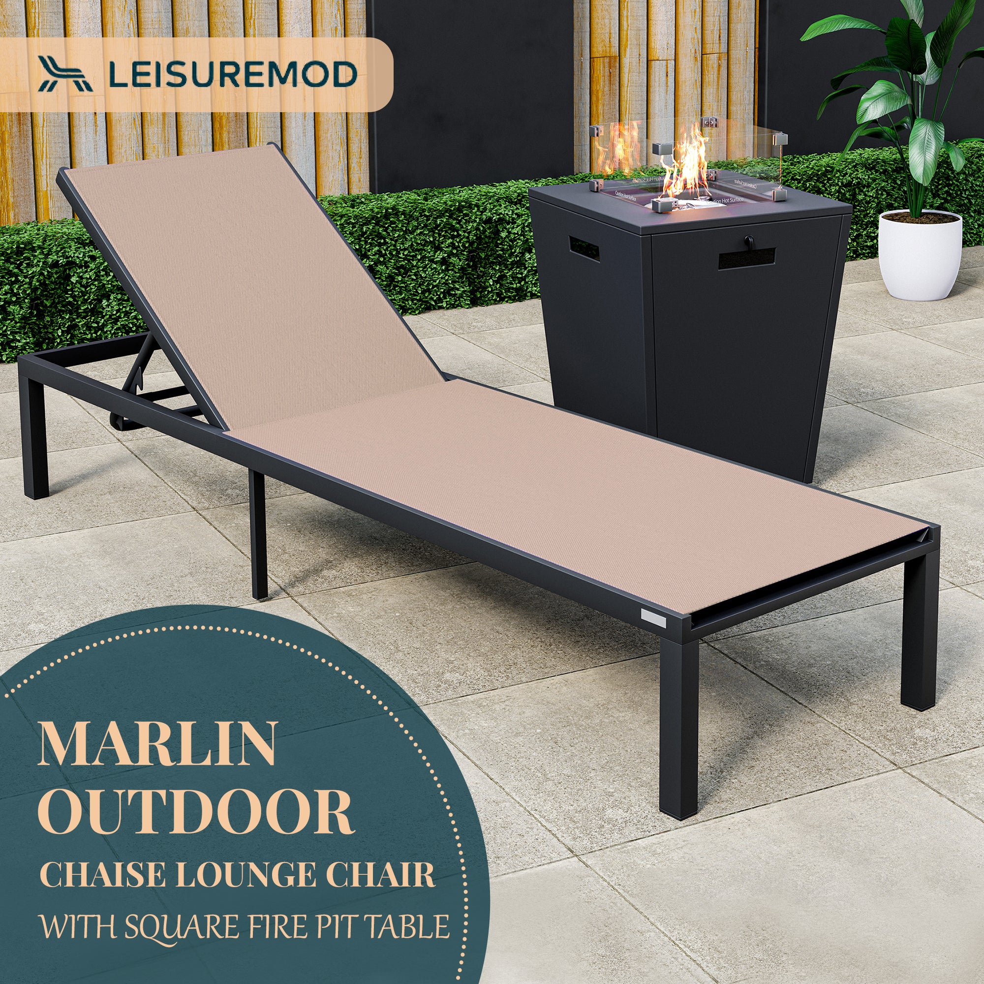 Marlin Modern Black Aluminum Outdoor Patio Chaise Lounge Chair with Square Fire Pit Side Table Perfect for Patio, Lawn, and Garden