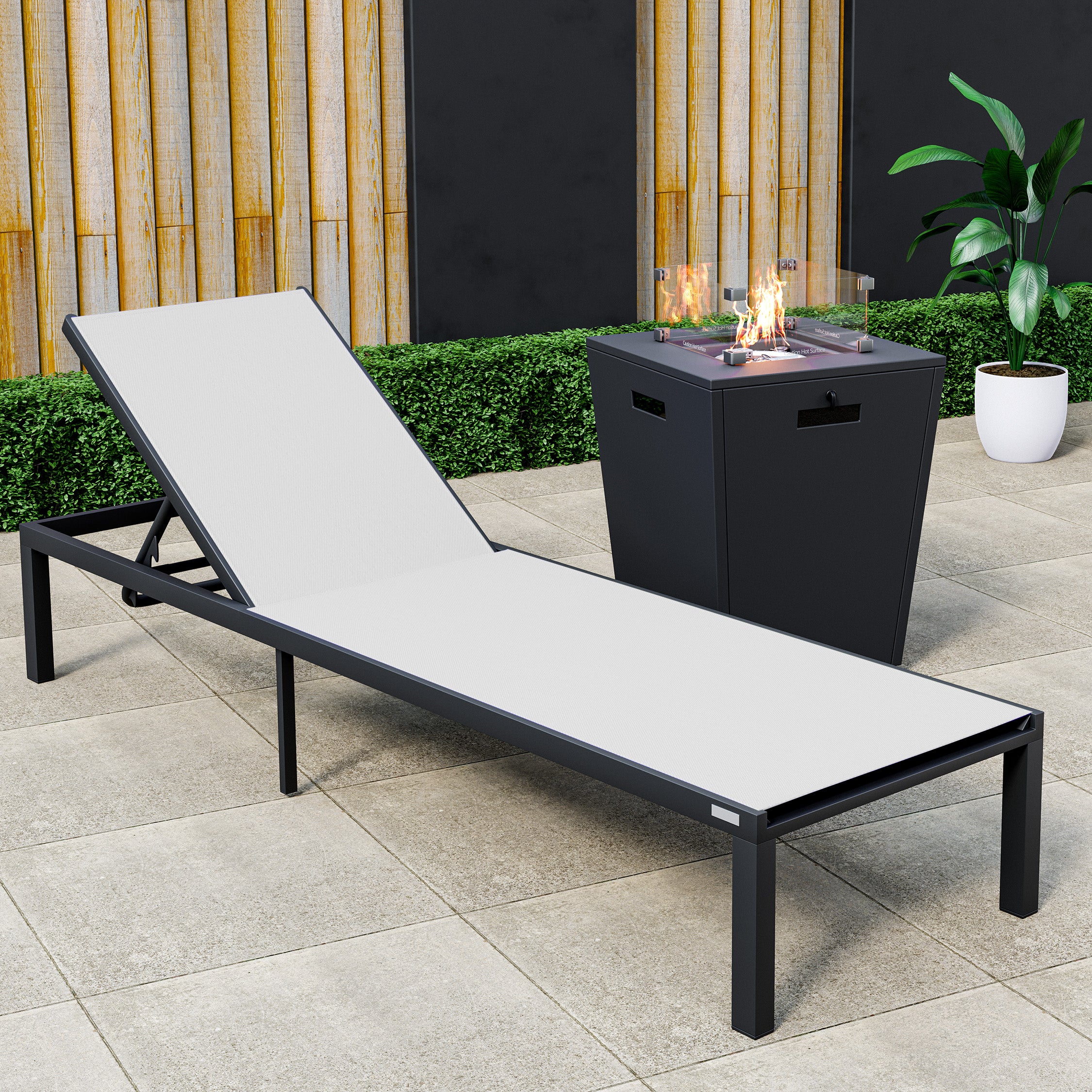 Marlin Modern Black Aluminum Outdoor Patio Chaise Lounge Chair with Square Fire Pit Side Table Perfect for Patio, Lawn, and Garden