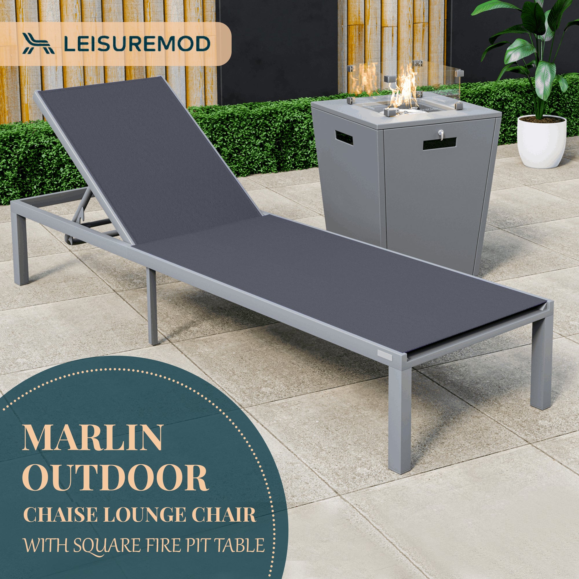 Marlin Modern Grey Aluminum Outdoor Patio Chaise Lounge Chair with Square Fire Pit Side Table Perfect for Patio, Lawn, and Garden