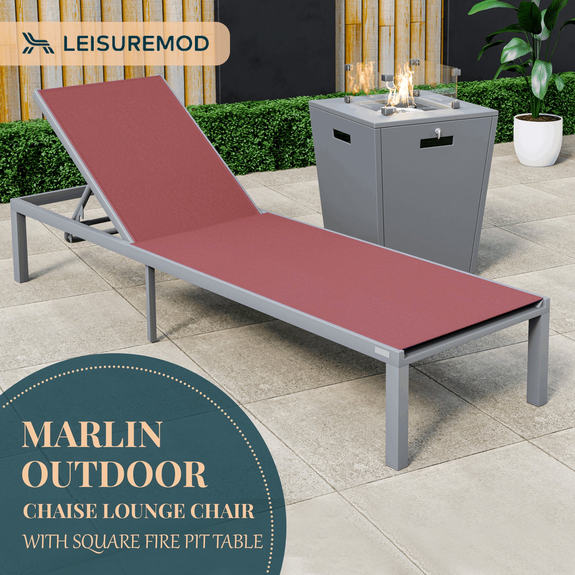 Marlin Modern Grey Aluminum Outdoor Patio Chaise Lounge Chair with Square Fire Pit Side Table Perfect for Patio, Lawn, and Garden