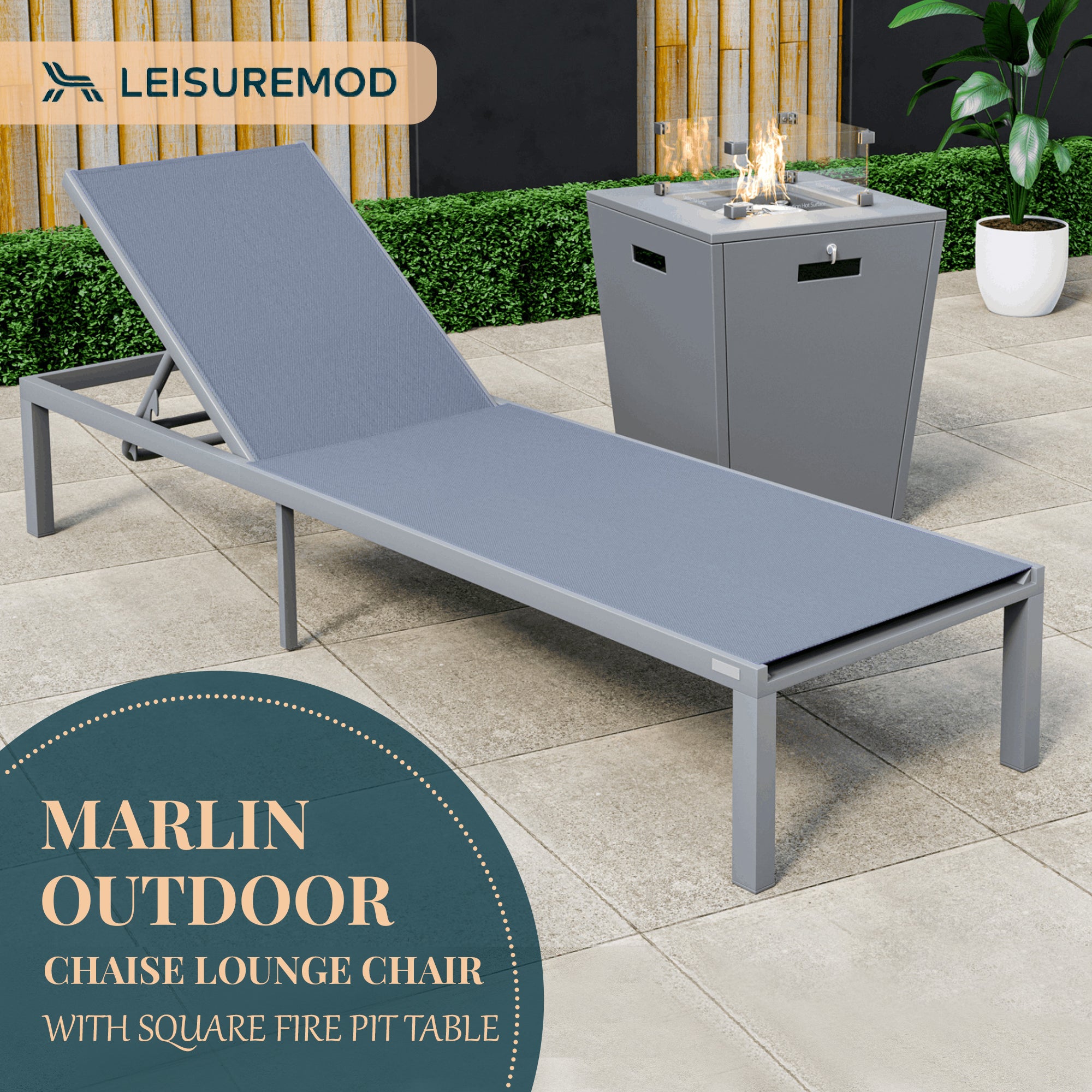 Marlin Modern Grey Aluminum Outdoor Patio Chaise Lounge Chair with Square Fire Pit Side Table Perfect for Patio, Lawn, and Garden