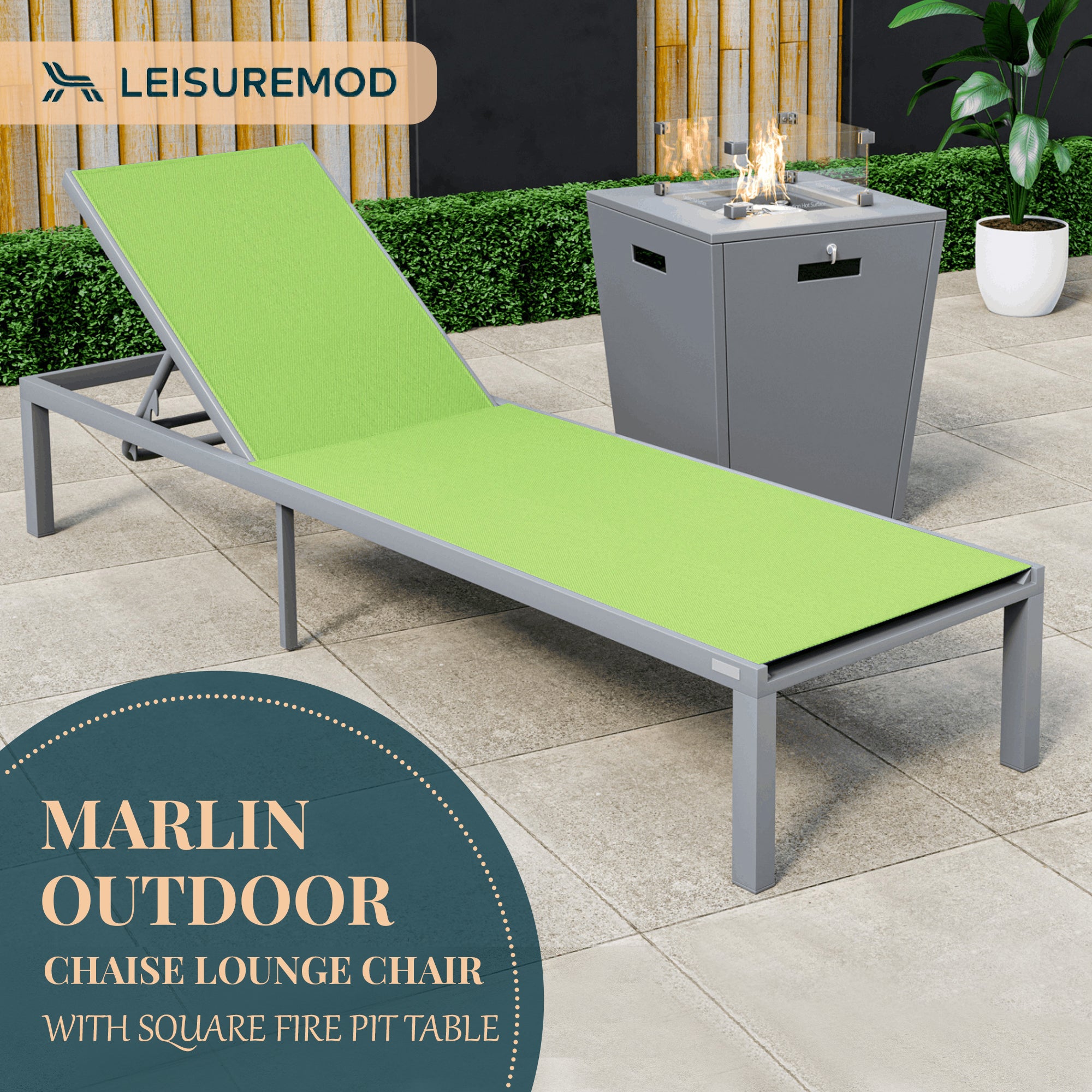 Marlin Modern Grey Aluminum Outdoor Patio Chaise Lounge Chair with Square Fire Pit Side Table Perfect for Patio, Lawn, and Garden