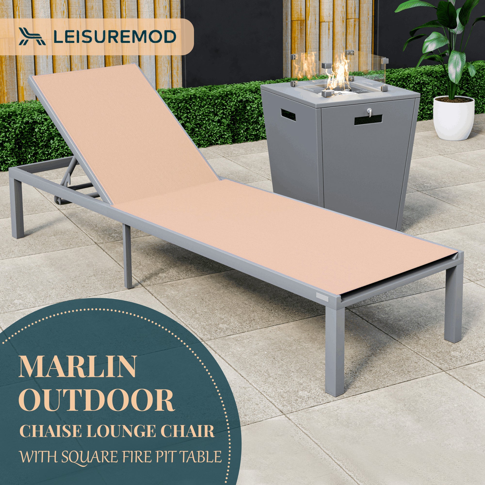 Marlin Modern Grey Aluminum Outdoor Patio Chaise Lounge Chair with Square Fire Pit Side Table Perfect for Patio, Lawn, and Garden