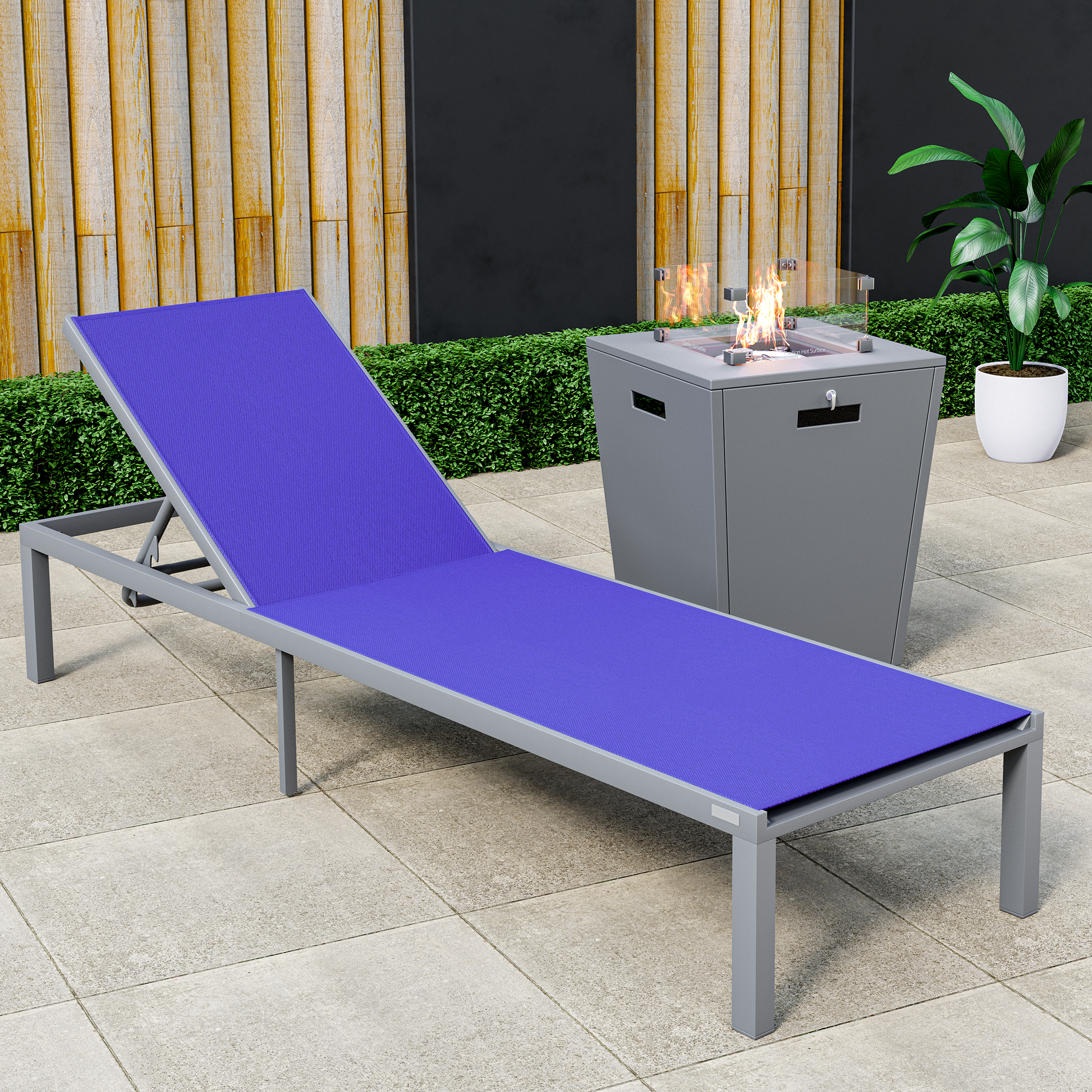 Marlin Modern Grey Aluminum Outdoor Patio Chaise Lounge Chair with Square Fire Pit Side Table Perfect for Patio, Lawn, and Garden