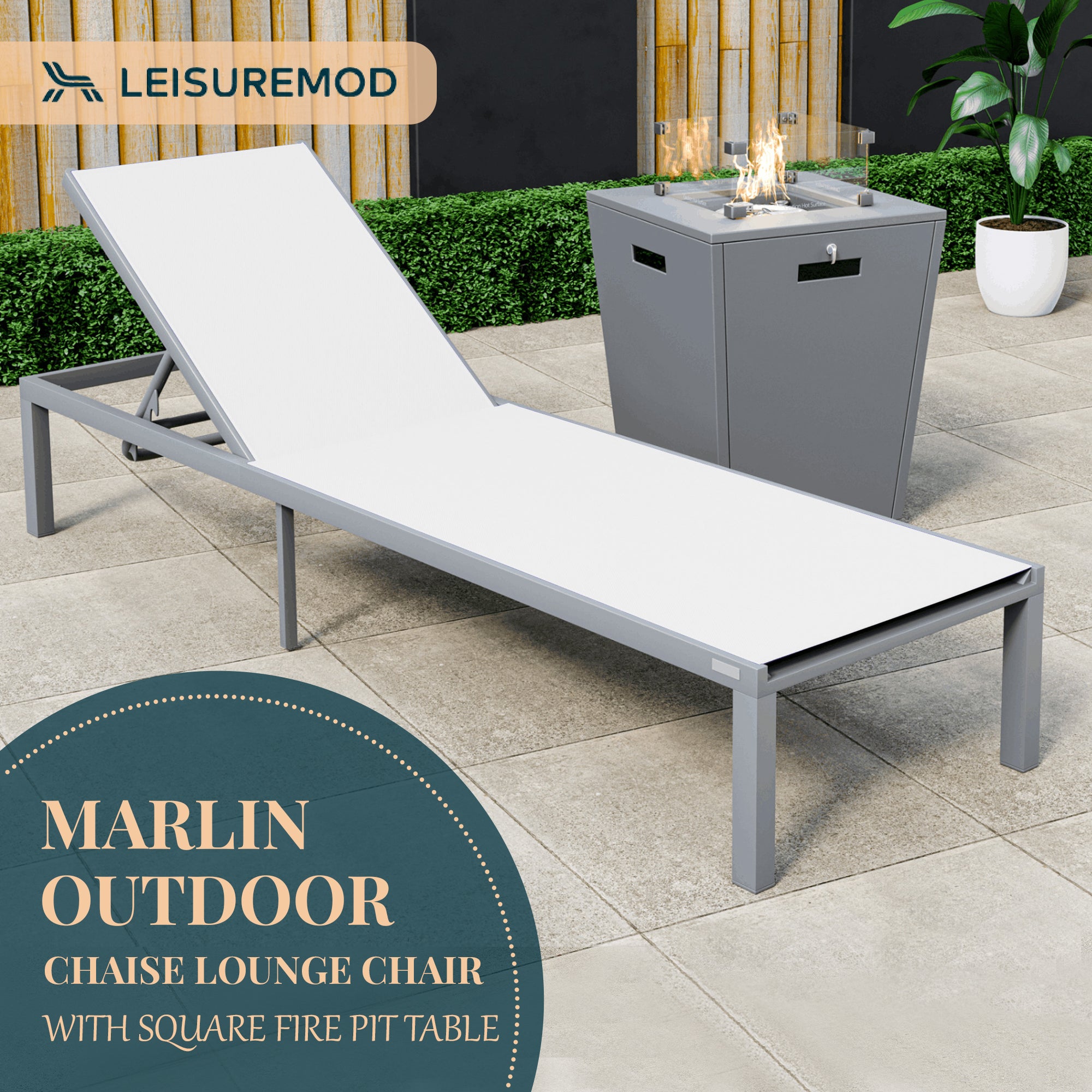 Marlin Modern Grey Aluminum Outdoor Patio Chaise Lounge Chair with Square Fire Pit Side Table Perfect for Patio, Lawn, and Garden