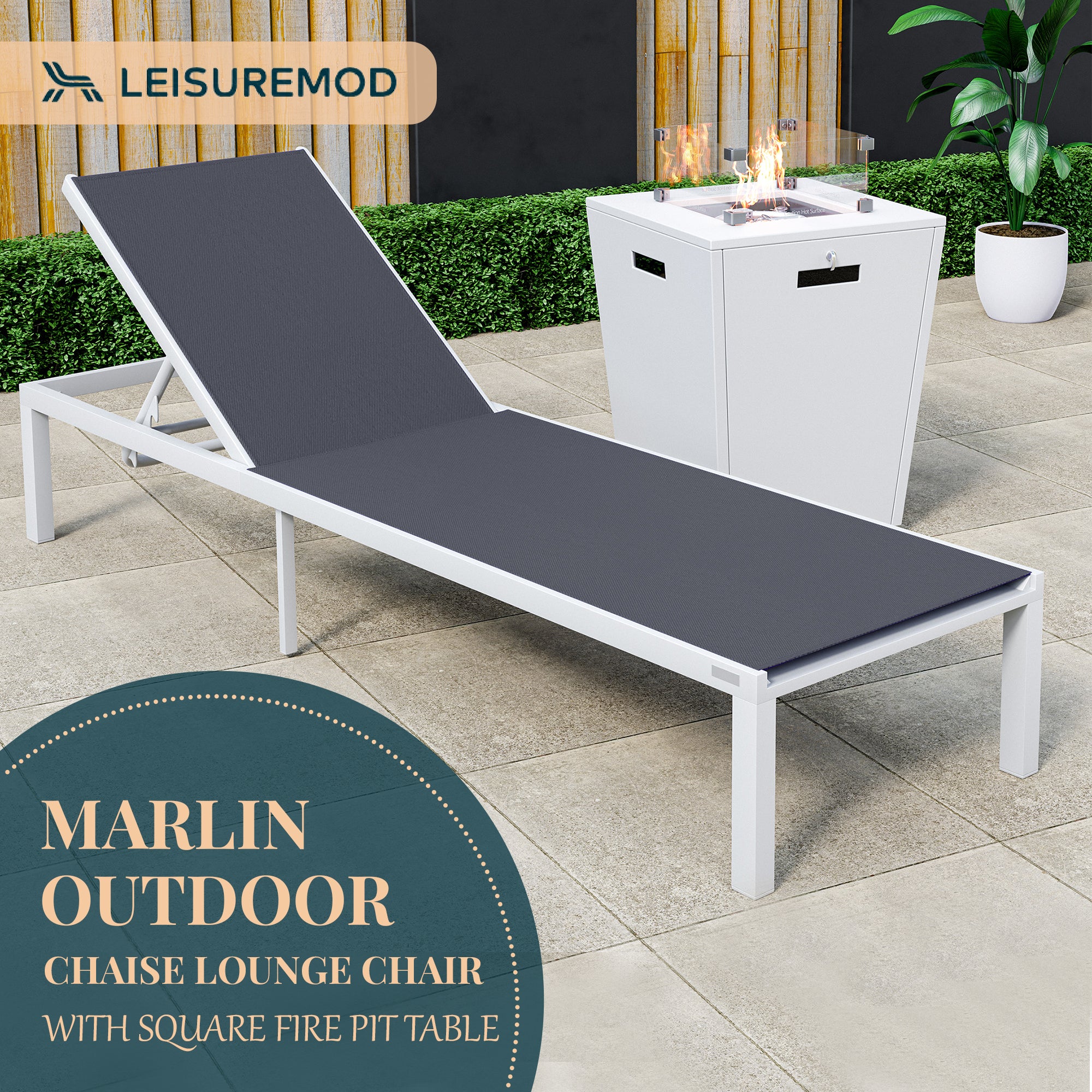 Marlin Modern White Aluminum Outdoor Patio Chaise Lounge Chair with Square Fire Pit Side Table Perfect for Patio, Lawn, and Garden