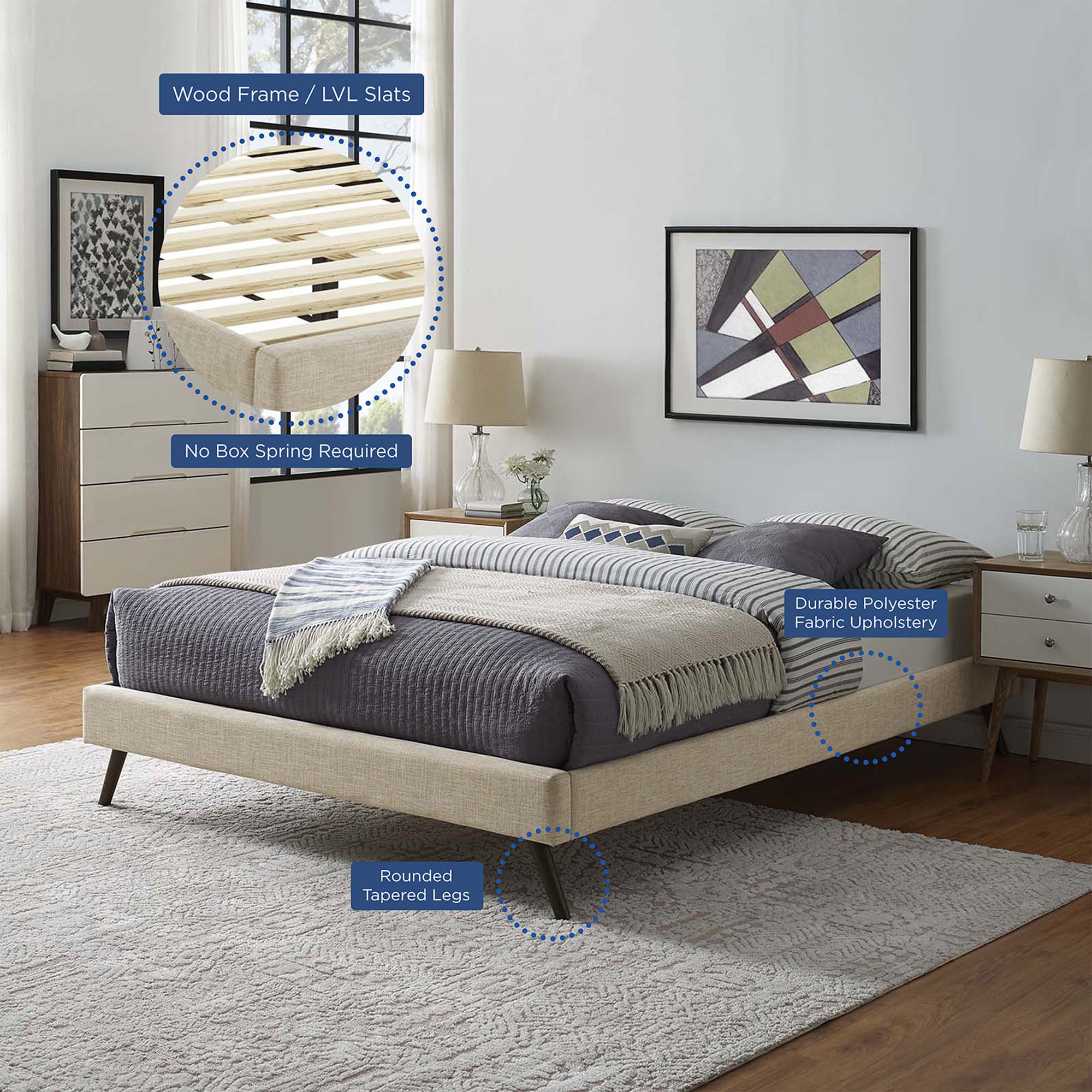 Loryn Full Fabric Bed Frame with Round Splayed Legs