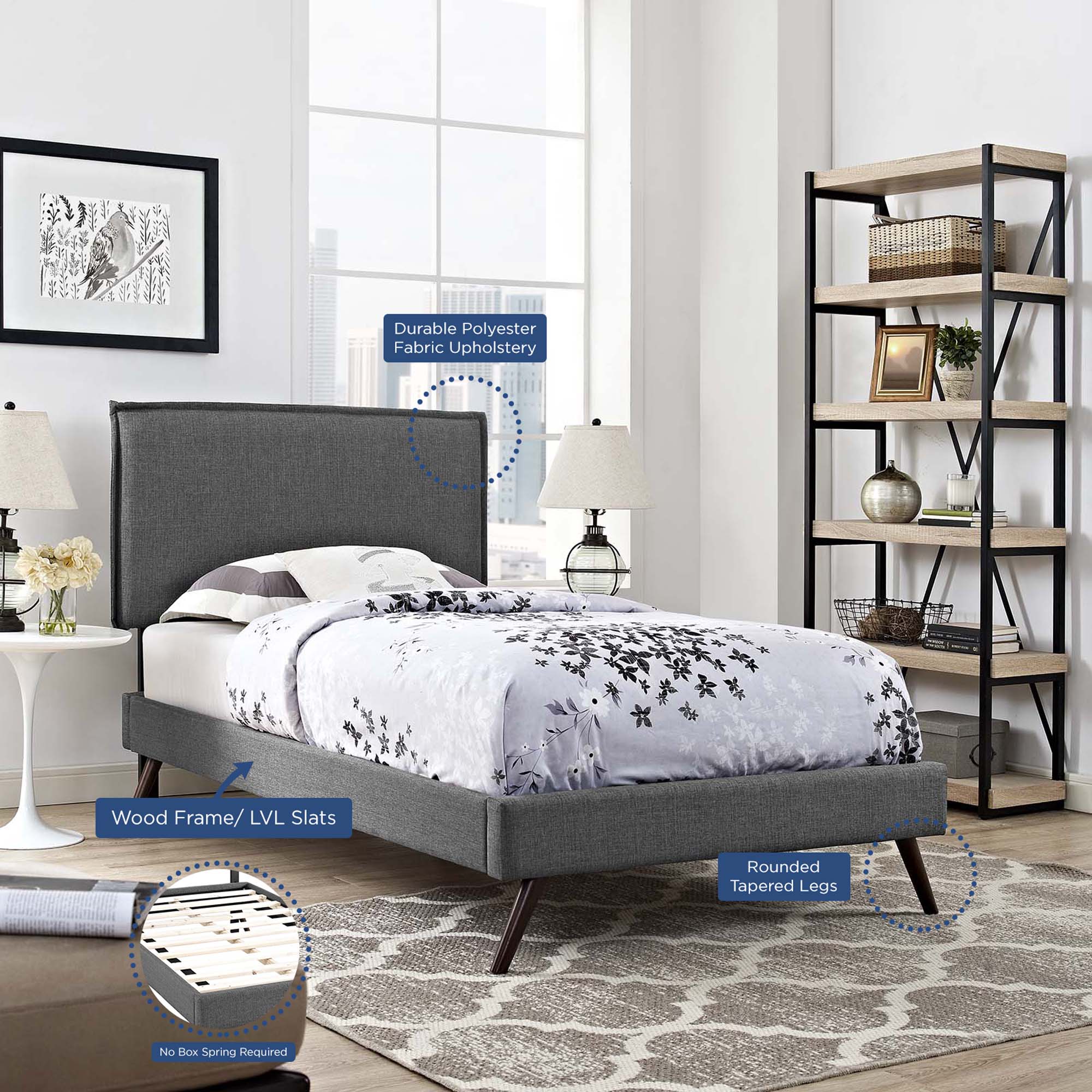 Amaris Twin Fabric Platform Bed with Round Splayed Legs