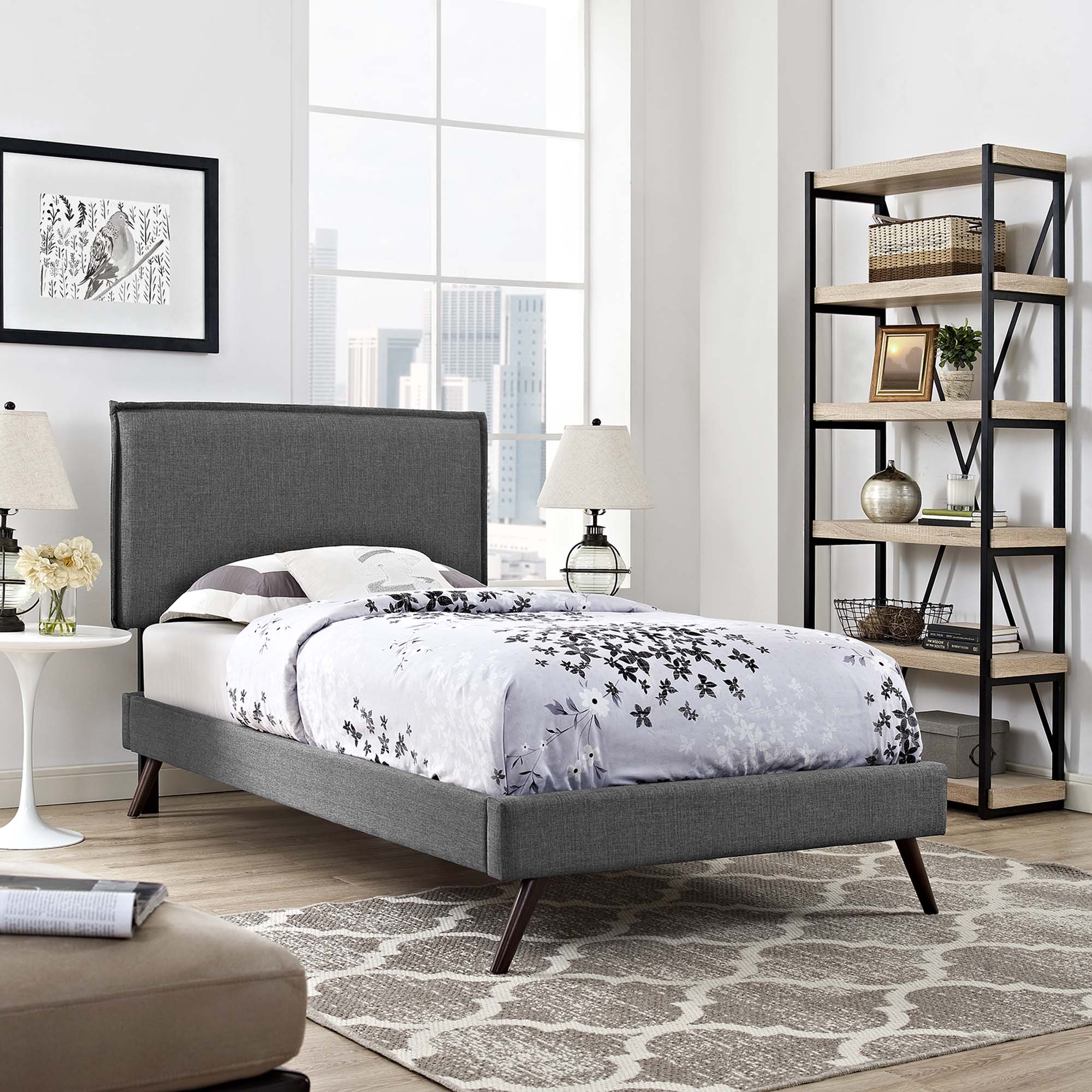 Amaris Twin Fabric Platform Bed with Round Splayed Legs