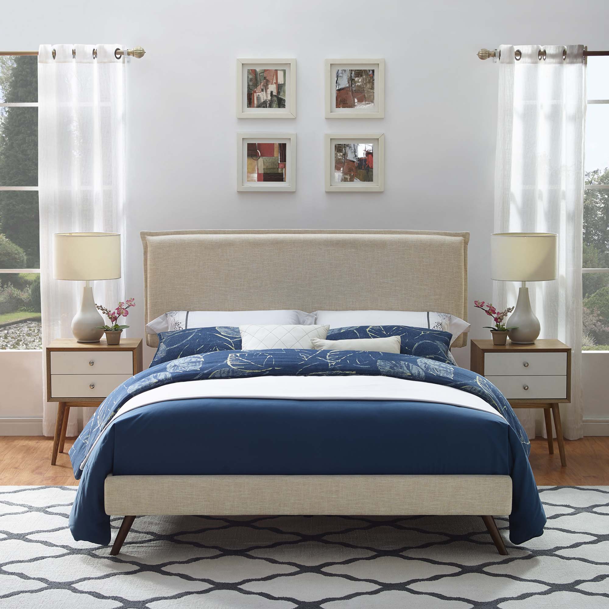 Amaris Queen Fabric Platform Bed with Round Splayed Legs