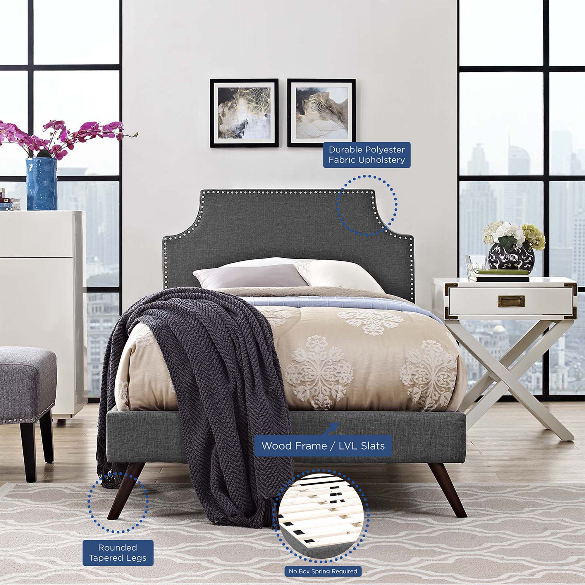 Corene Twin Fabric Platform Bed with Round Splayed Legs