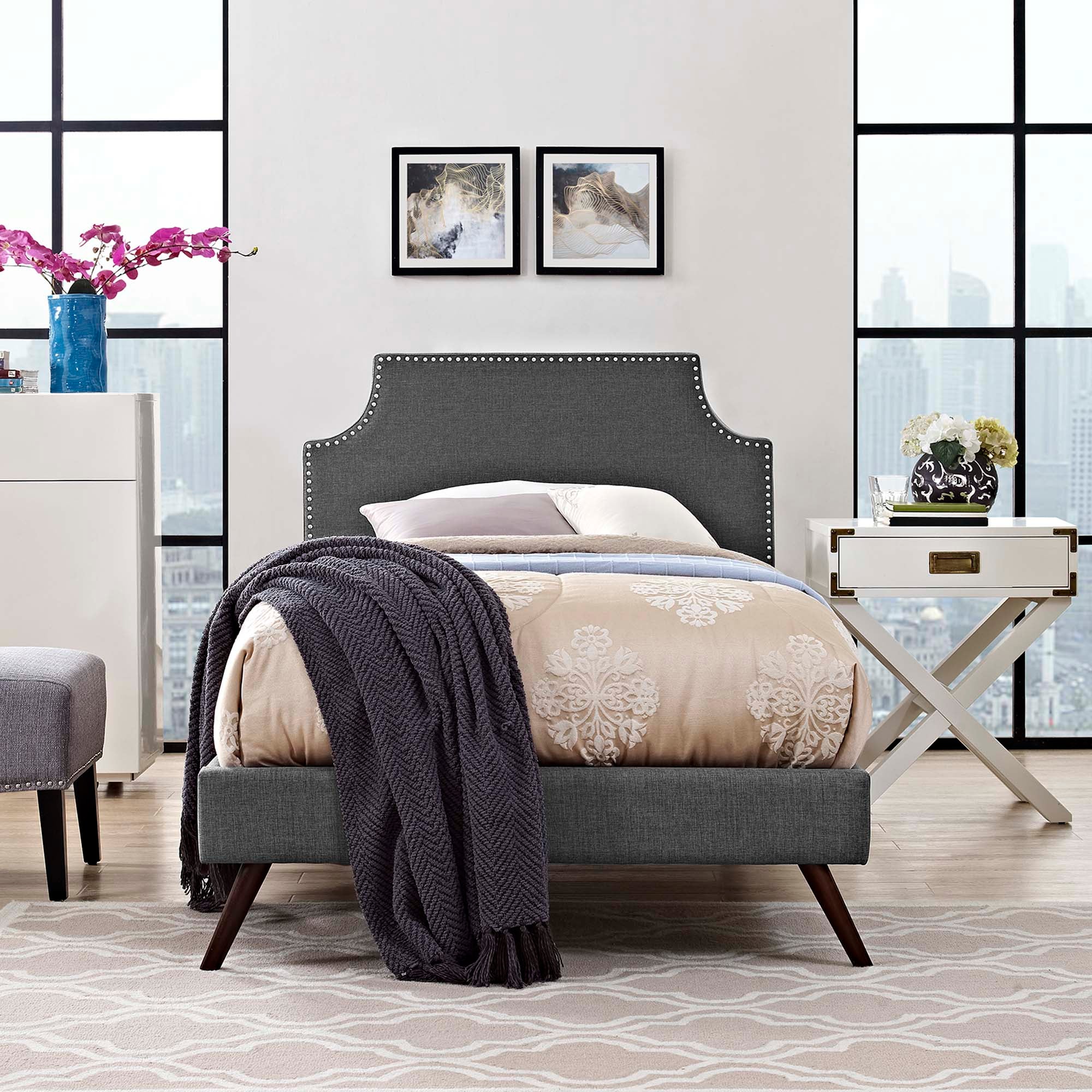 Corene Twin Fabric Platform Bed with Round Splayed Legs