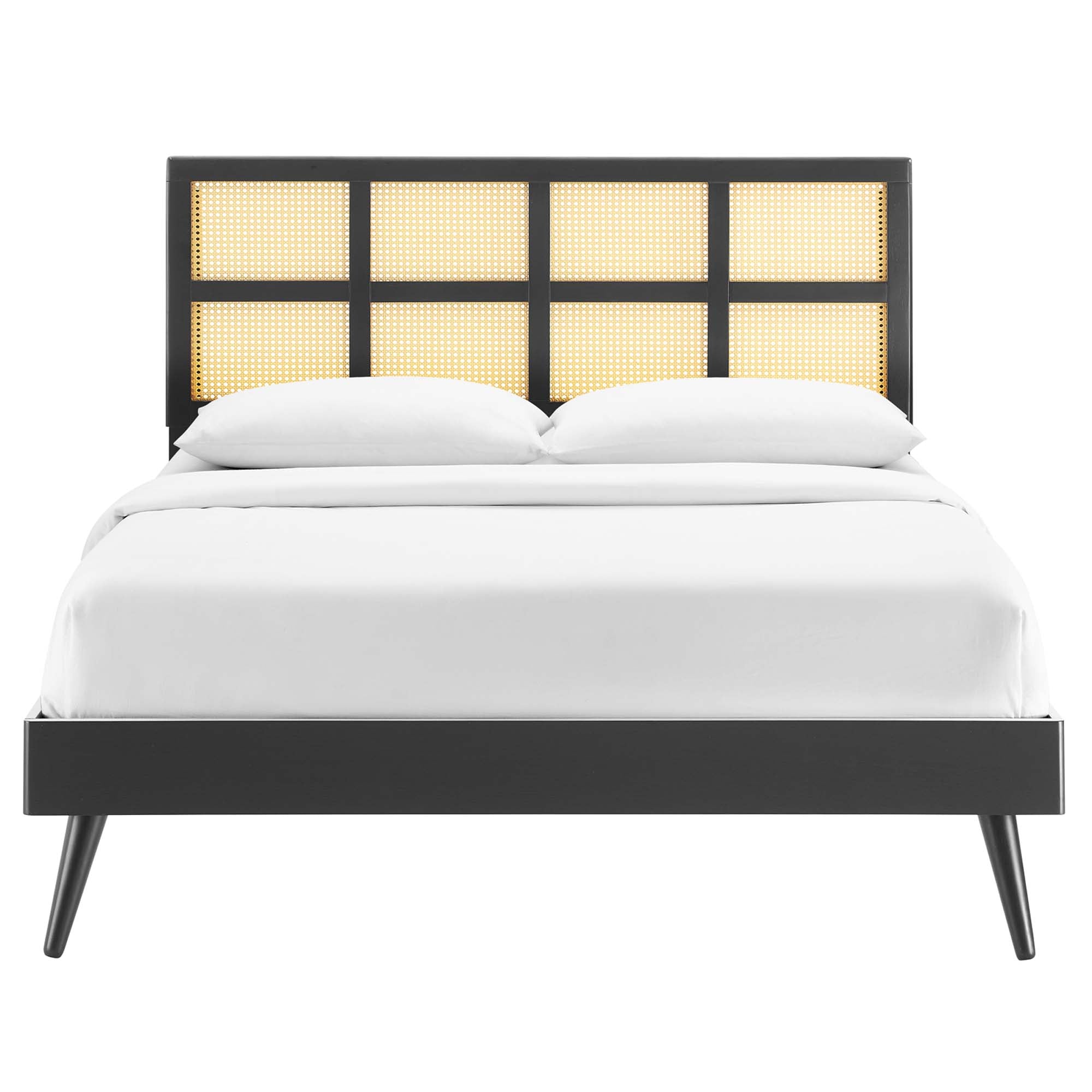 Sidney Cane and Wood Queen Platform Bed With Splayed Legs