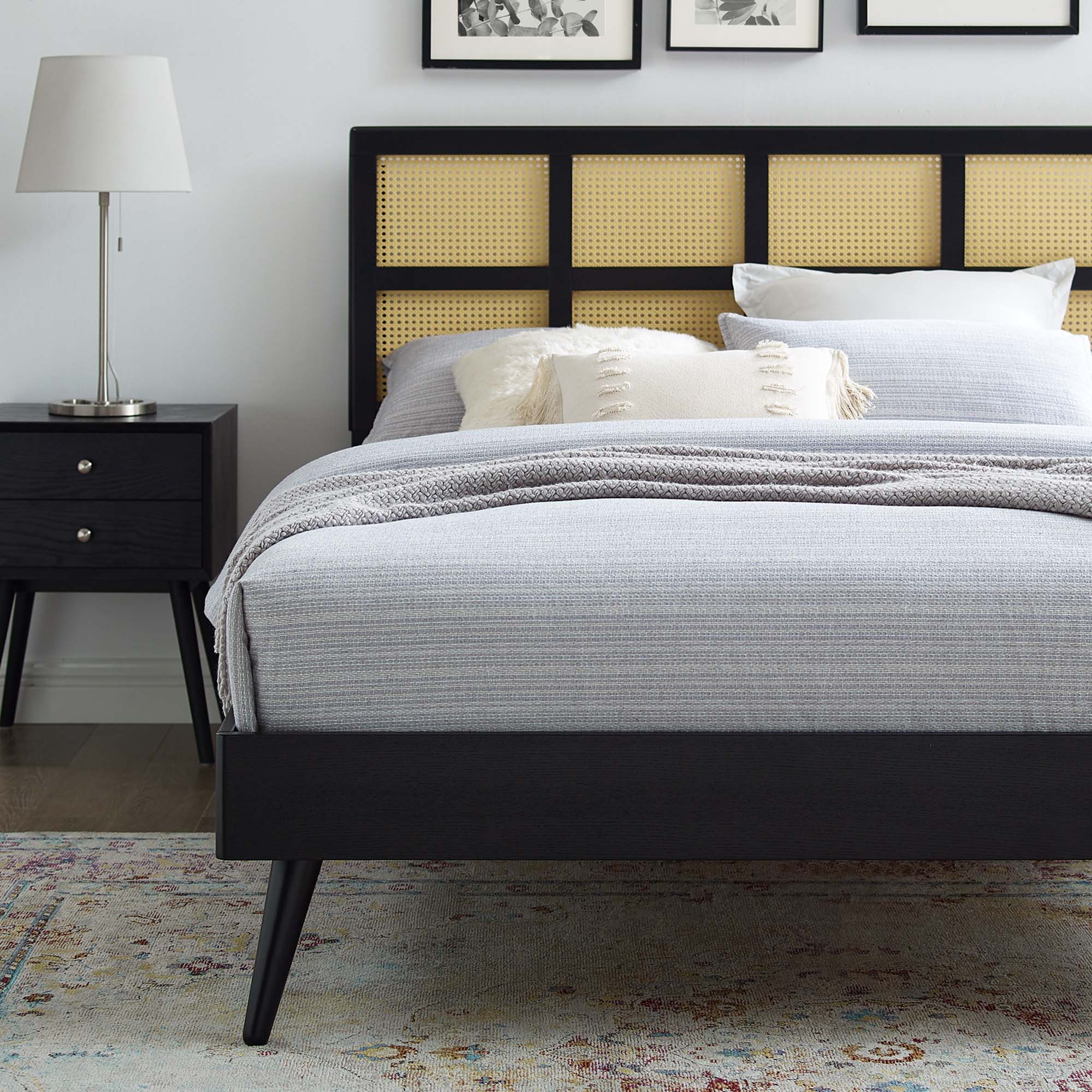 Sidney Cane and Wood Queen Platform Bed With Splayed Legs