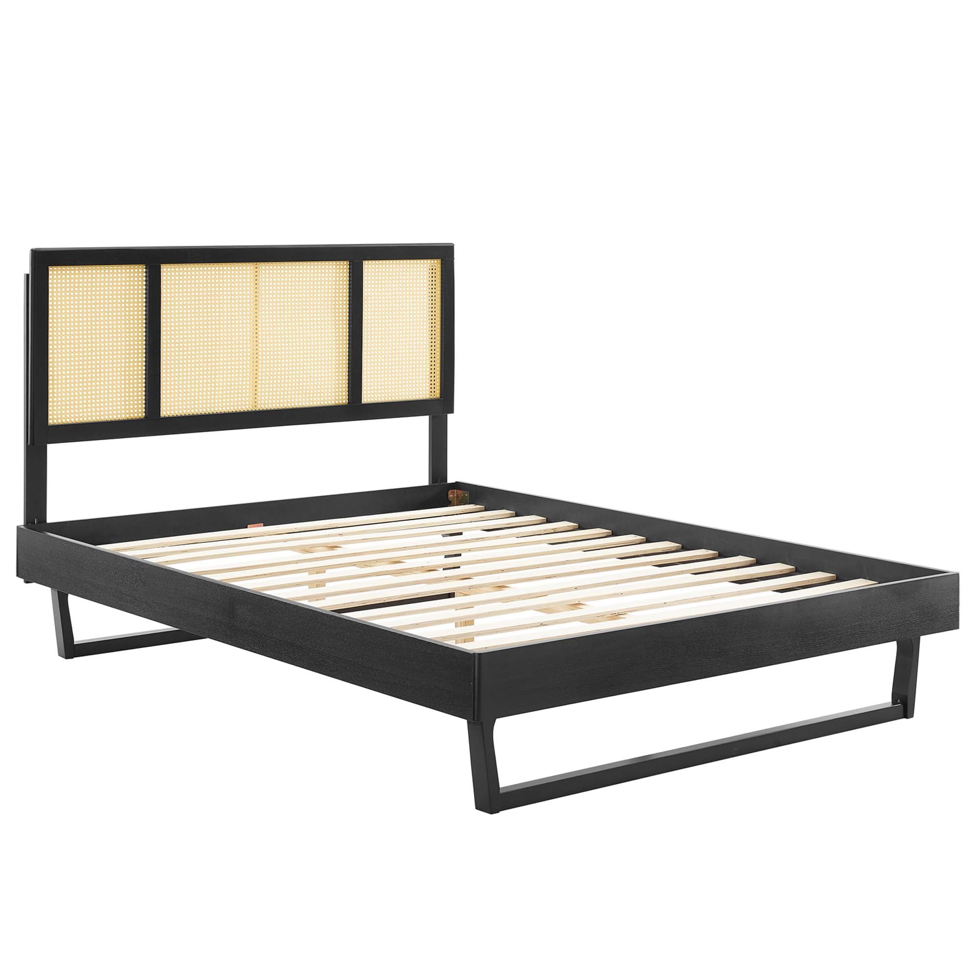 Kelsea Cane and Wood King Platform Bed With Angular Legs