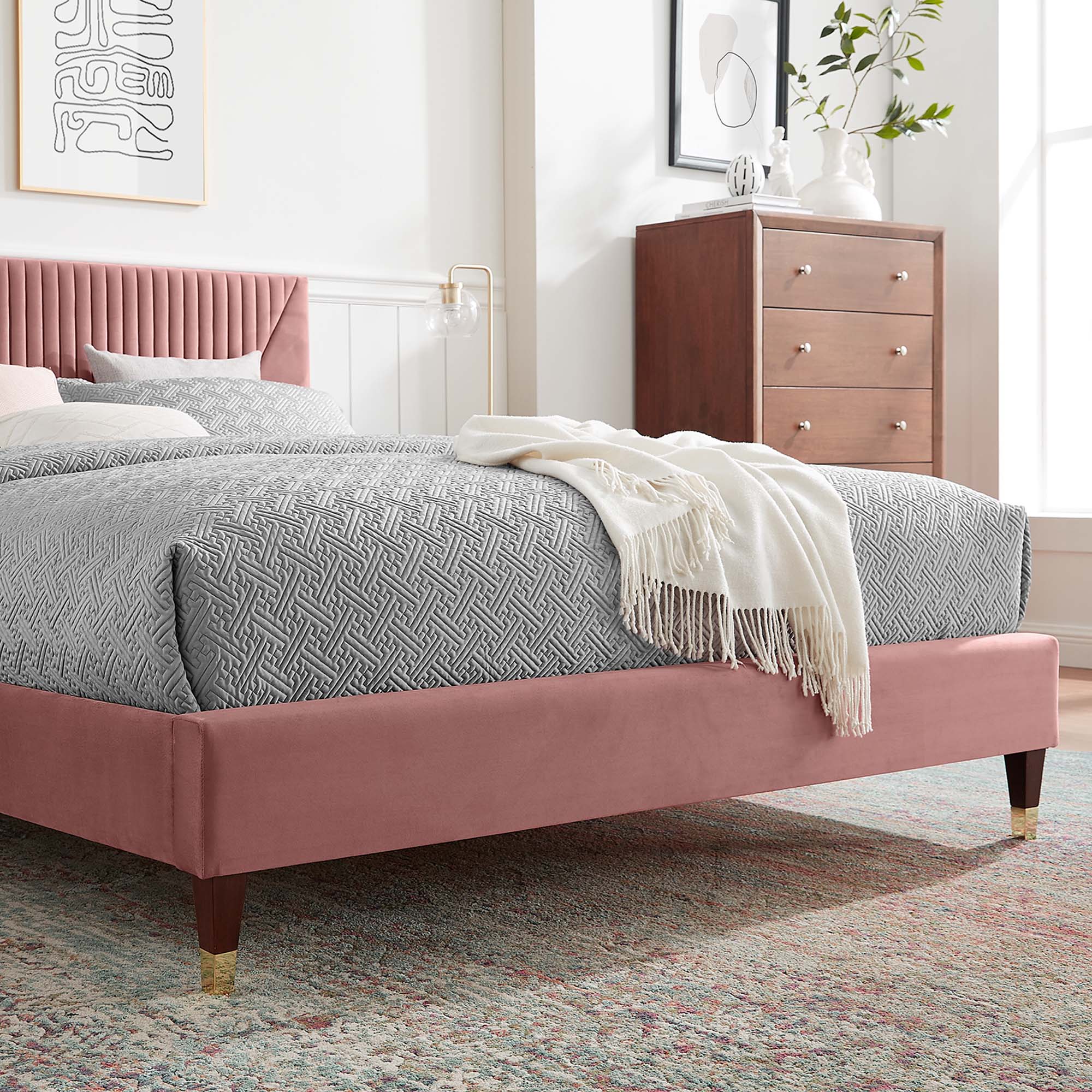 Yasmine Channel Tufted Performance Velvet Queen Platform Bed