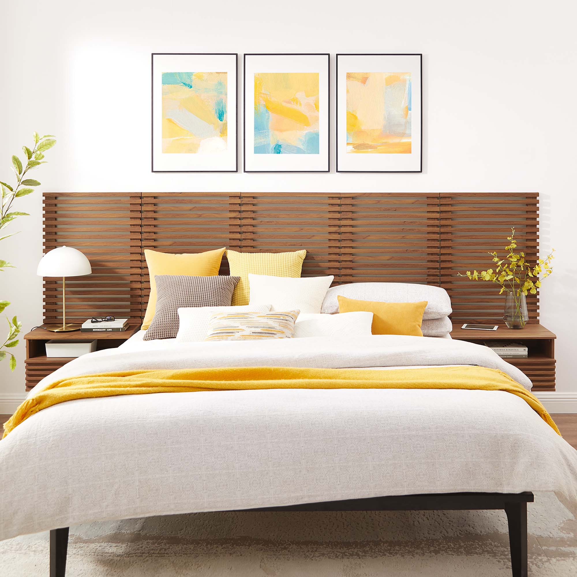 Render Wall Mount Queen Headboard and Modern Nightstands