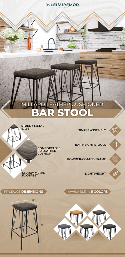 Millard Leather Bar Stool With Metal Frame