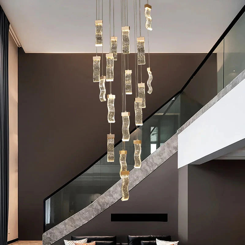 Modern Gold Long Crystal Hanging Light Fixture for Staircase