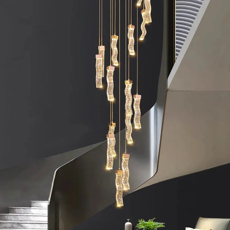 Modern Gold Long Crystal Hanging Light Fixture for Staircase