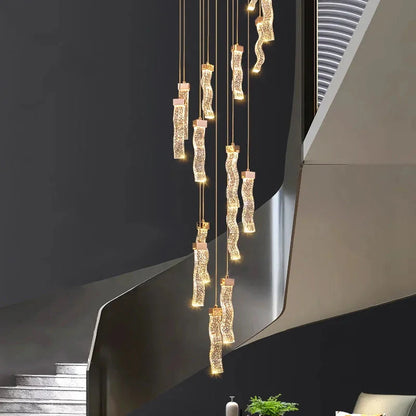 Modern Gold Long Crystal Hanging Light Fixture for Staircase