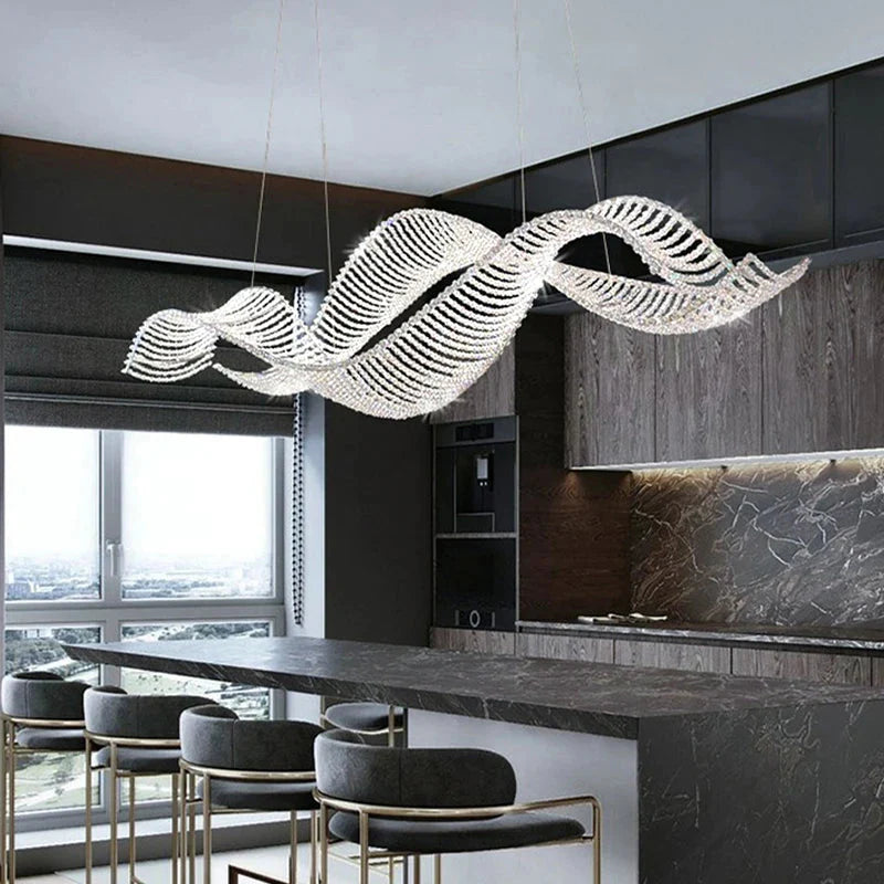 Modern Wave Crystal Chandelier Over Dining Table