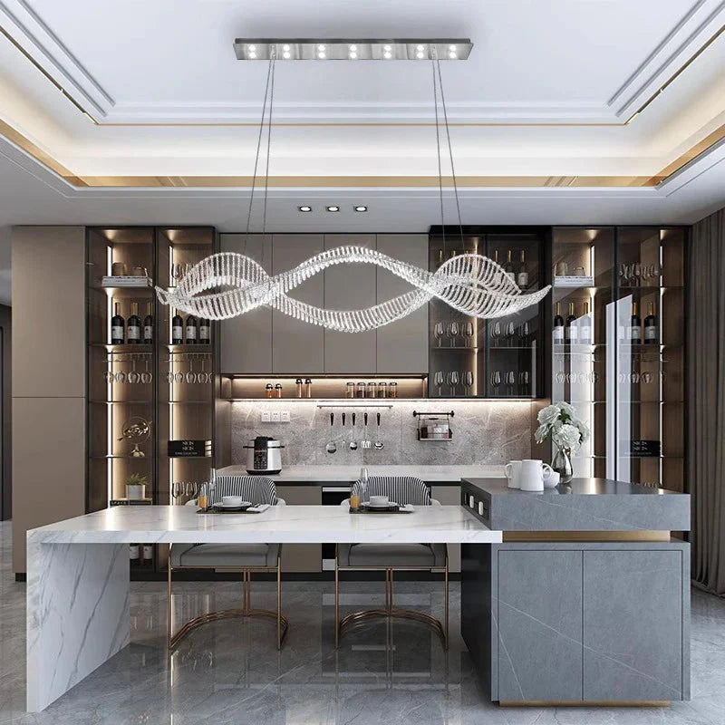 Modern Wave Crystal Chandelier Over Dining Table