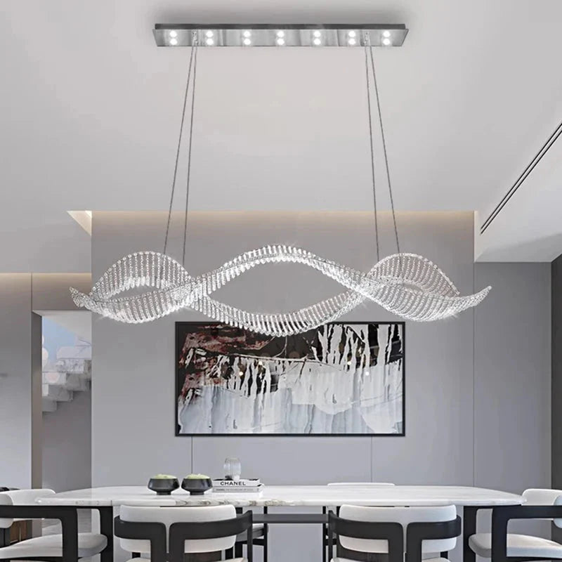 Modern Wave Crystal Chandelier Over Dining Table
