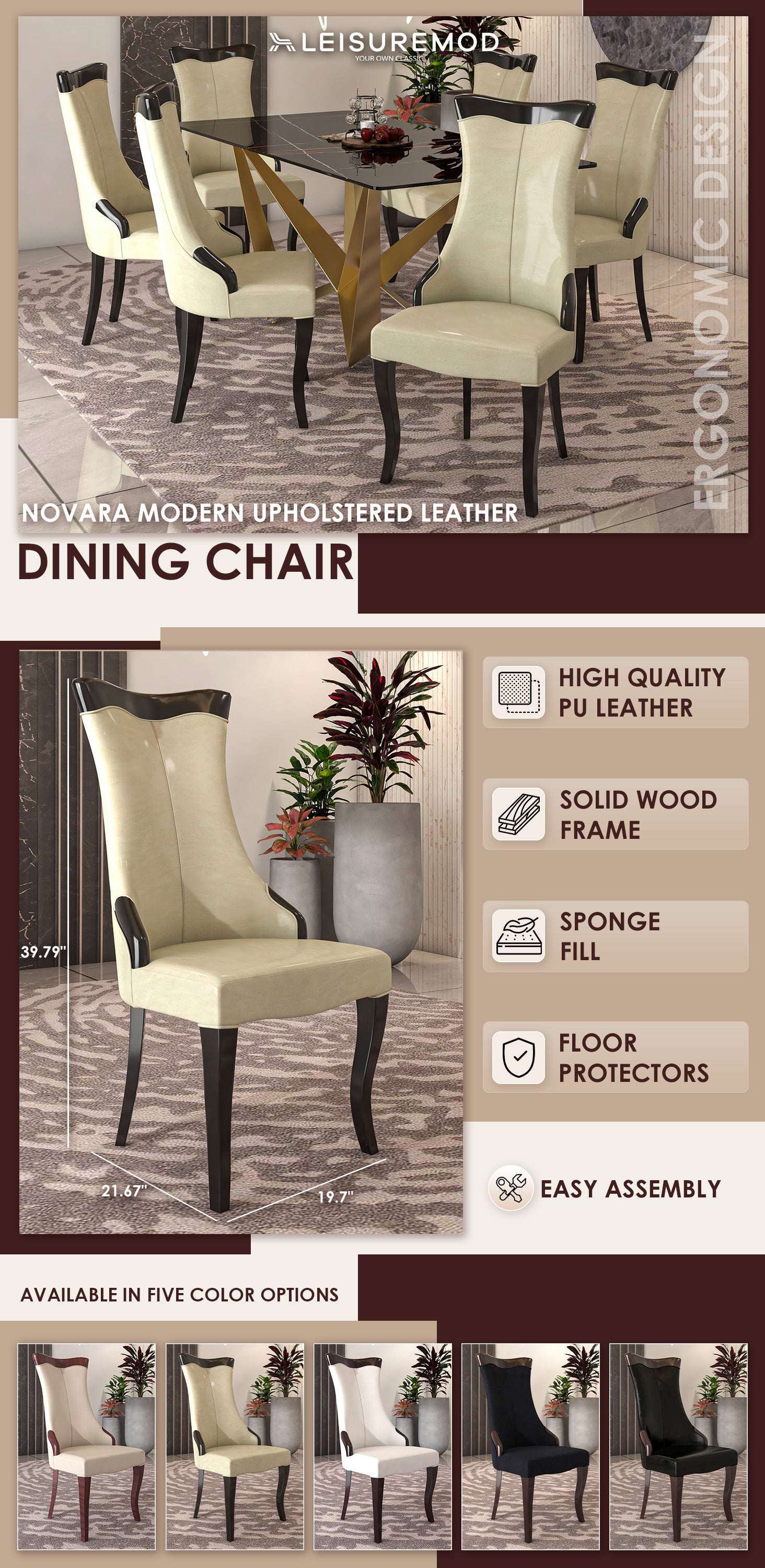 Novara Collection Modern Wooden Dining Chair in Off White Velvet