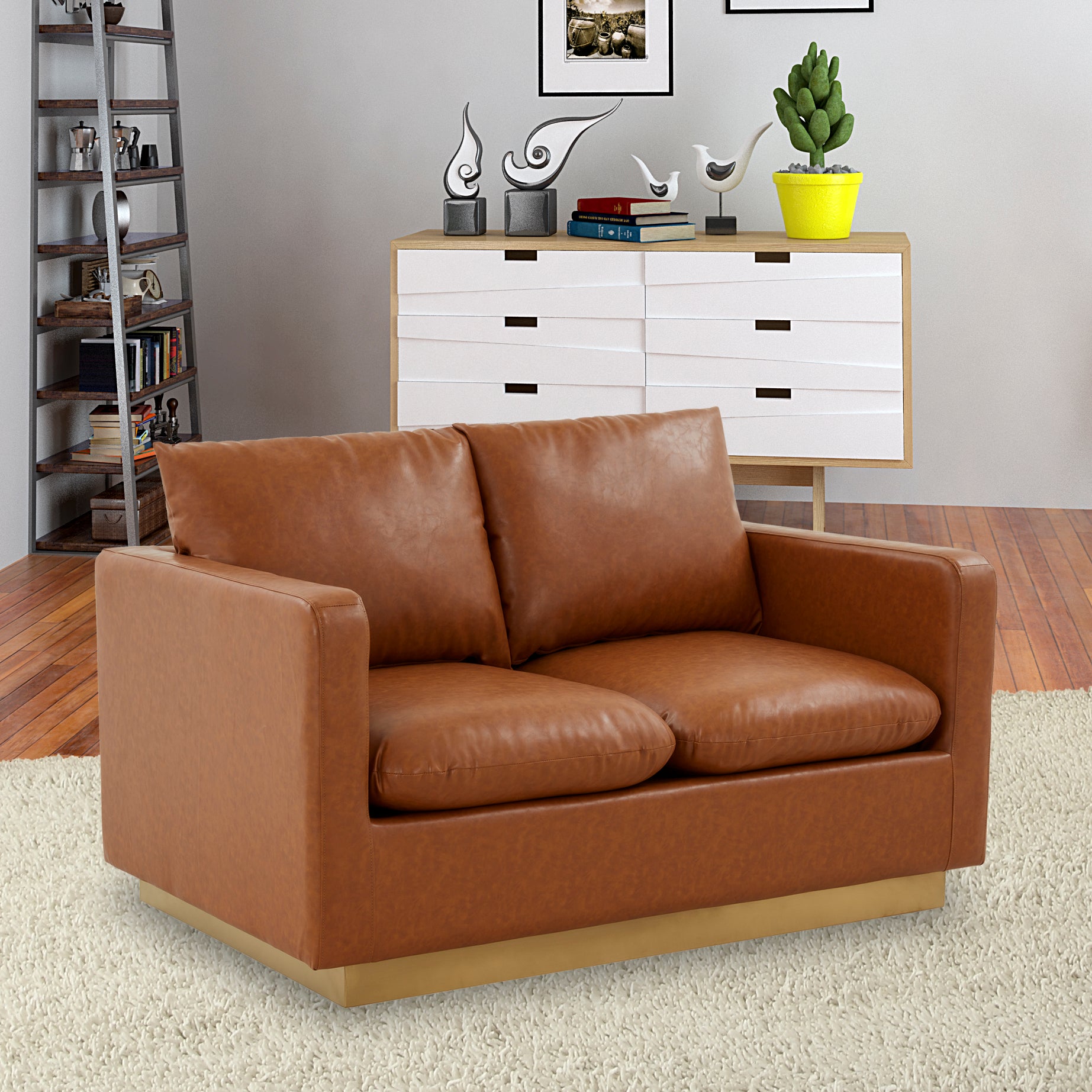 Elvira  Mid-Century Leather Loveseat - Gold Frame