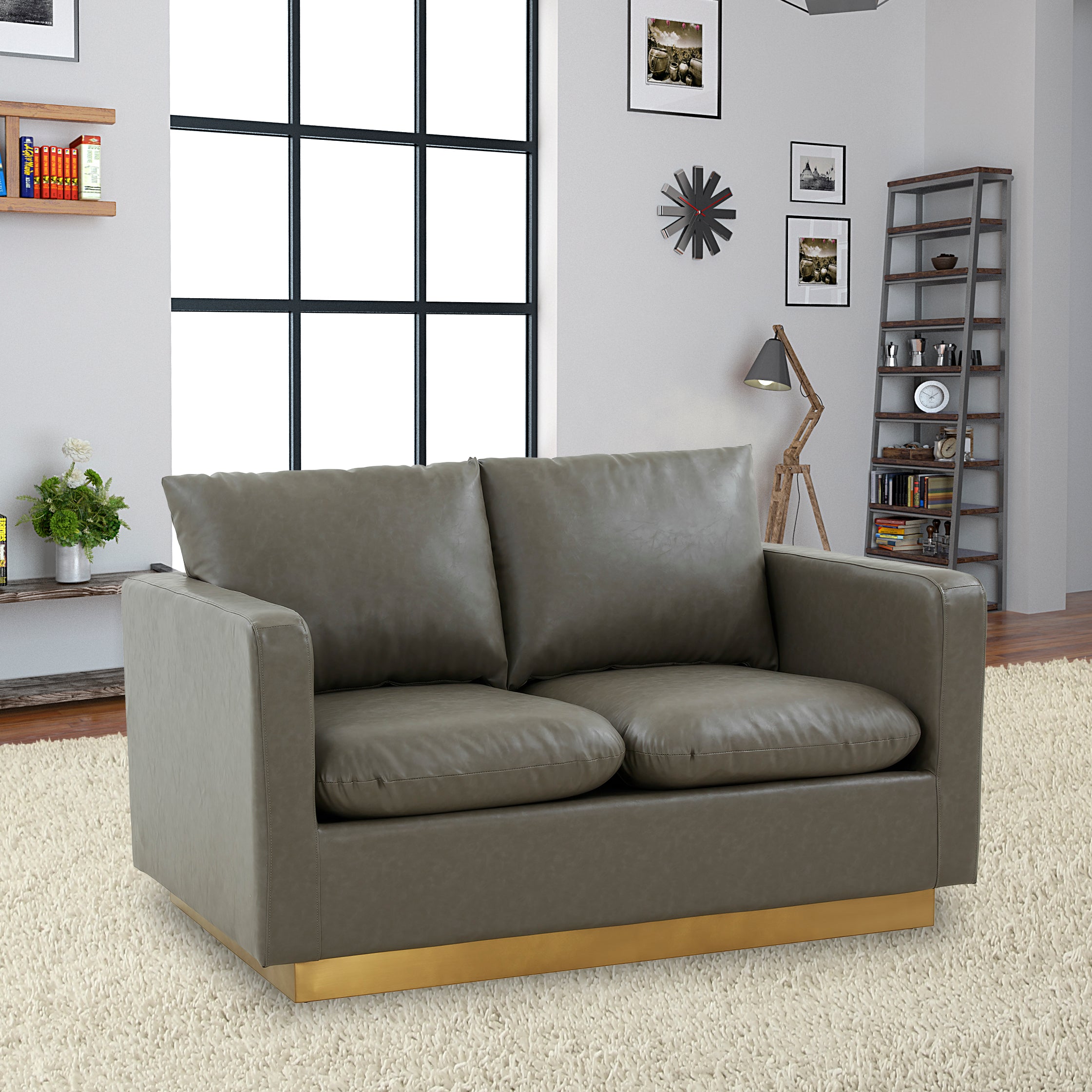 Elvira  Mid-Century Leather Loveseat - Gold Frame