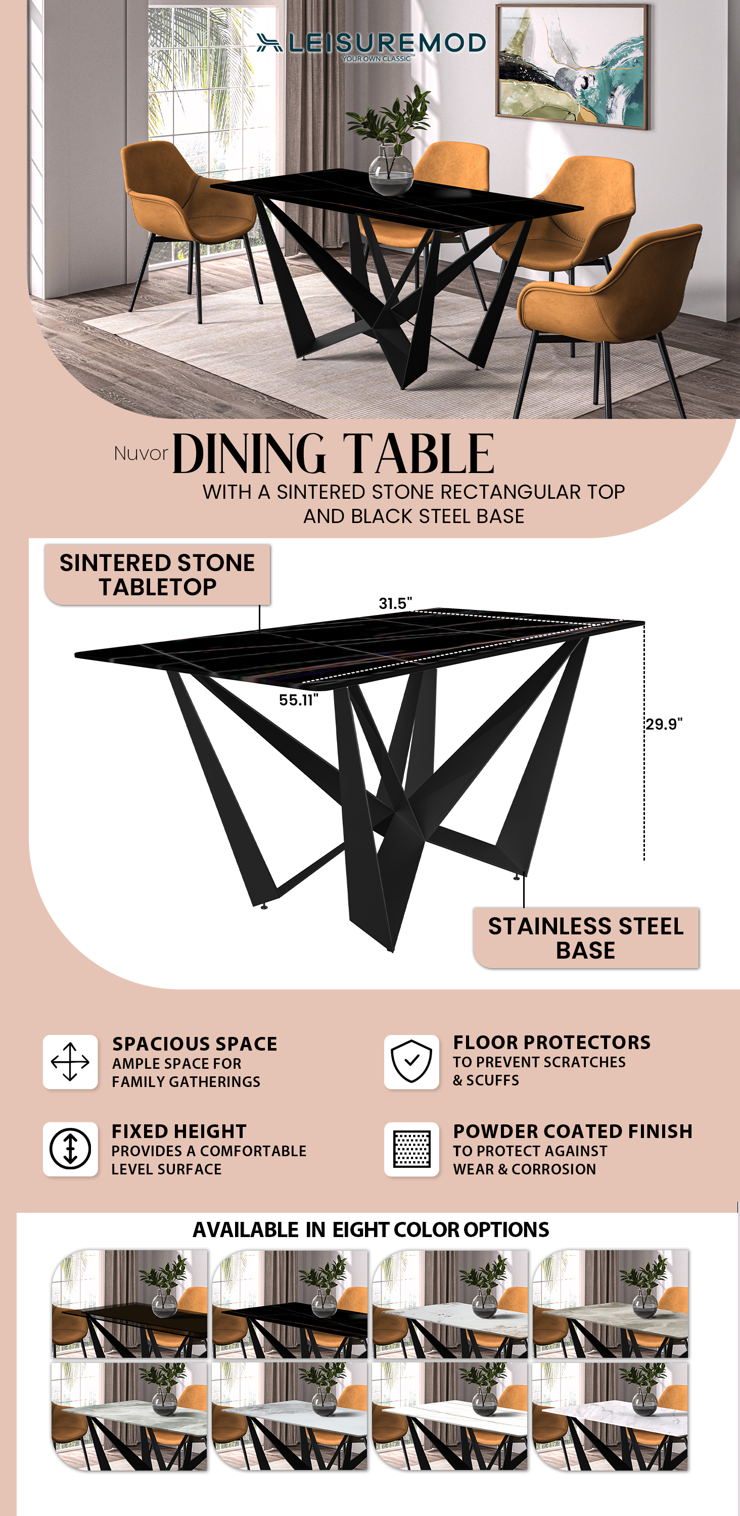 Nuvor Series Modern Dining Table Black Base, With 55 Black/Gold Sintered Stone Top