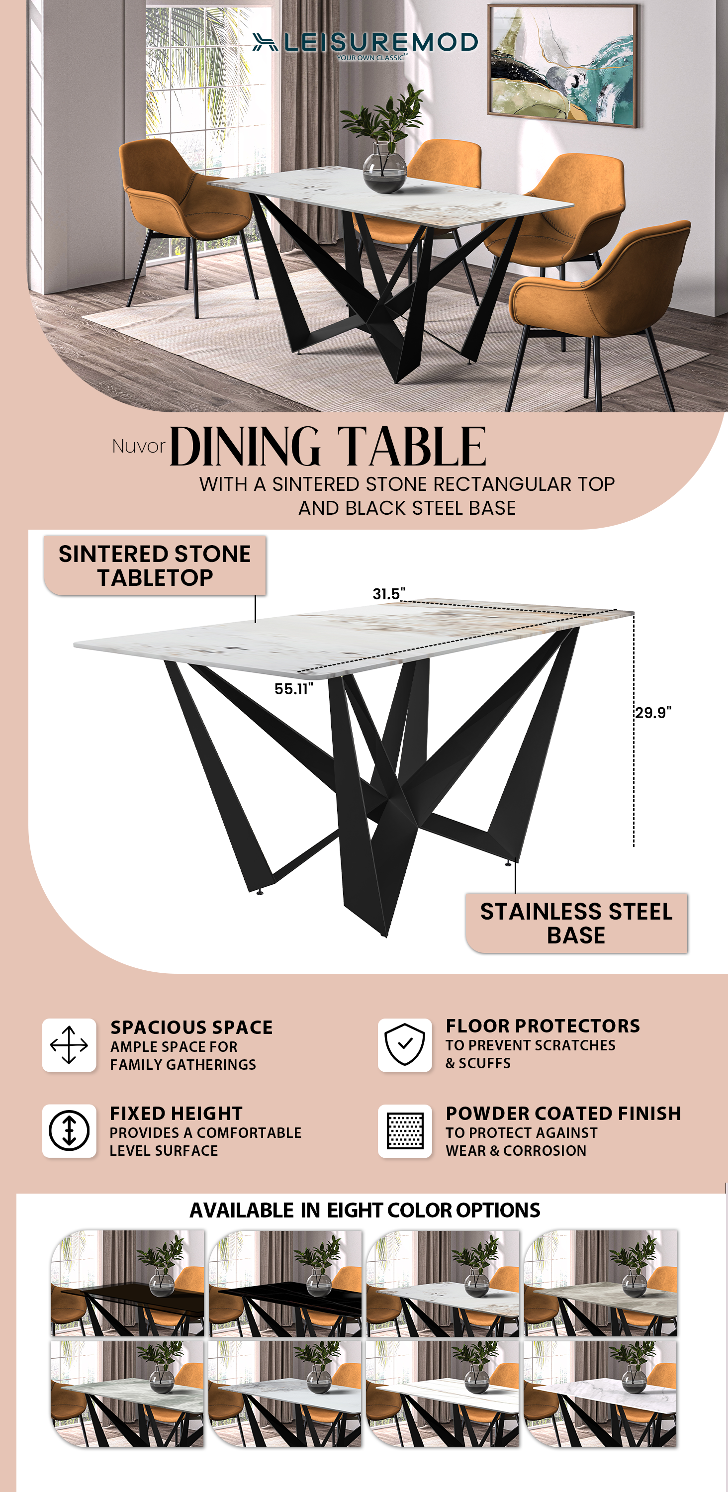 Nuvor Series Modern Dining Table Black Base, With 55 White Grey Sintered Stone Top